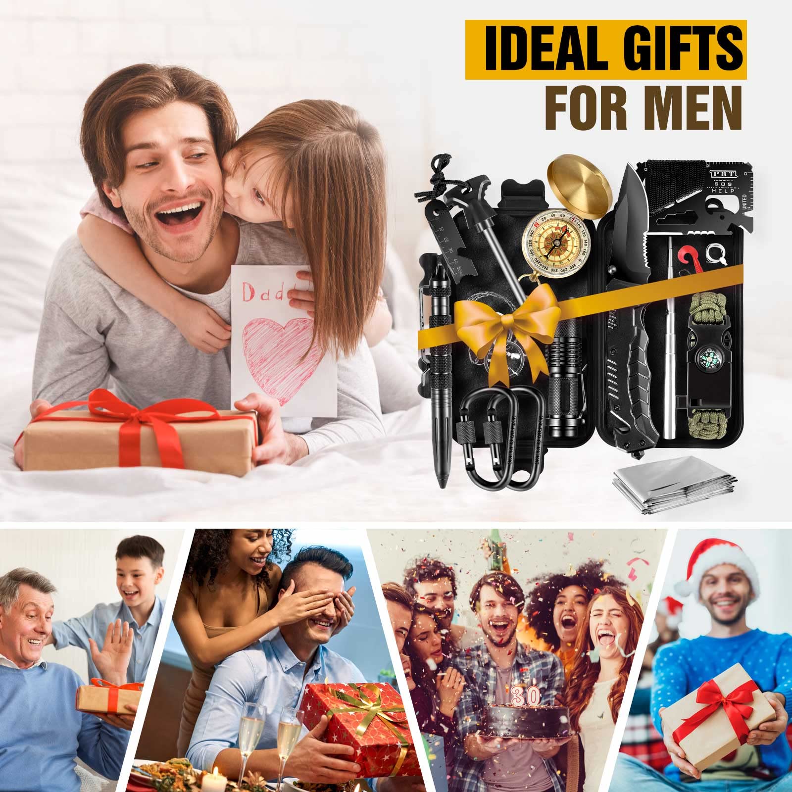 Kit sopravvivenza 14 in 1 campeggio Accessori di emergenza, regali per uomini, papà, strumenti di sopravvivenza professionali, regali di compleanno di Natale, idee per il campeggio, pesca, caccia