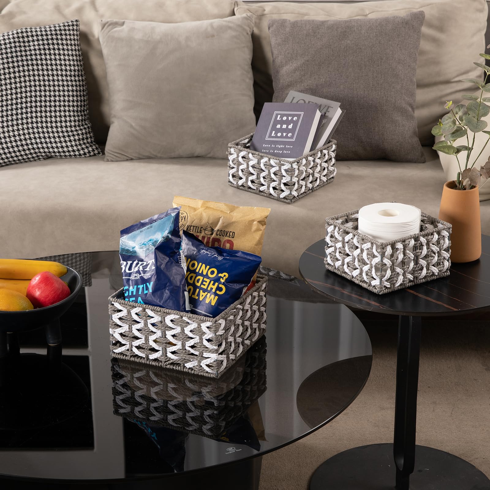 OIAHOMY Regalkörbe Papierseil Aufbewahrungskörbe, handgewebte Weidenkörbe für Zuhause, 3er-Set, Grau & Weiß