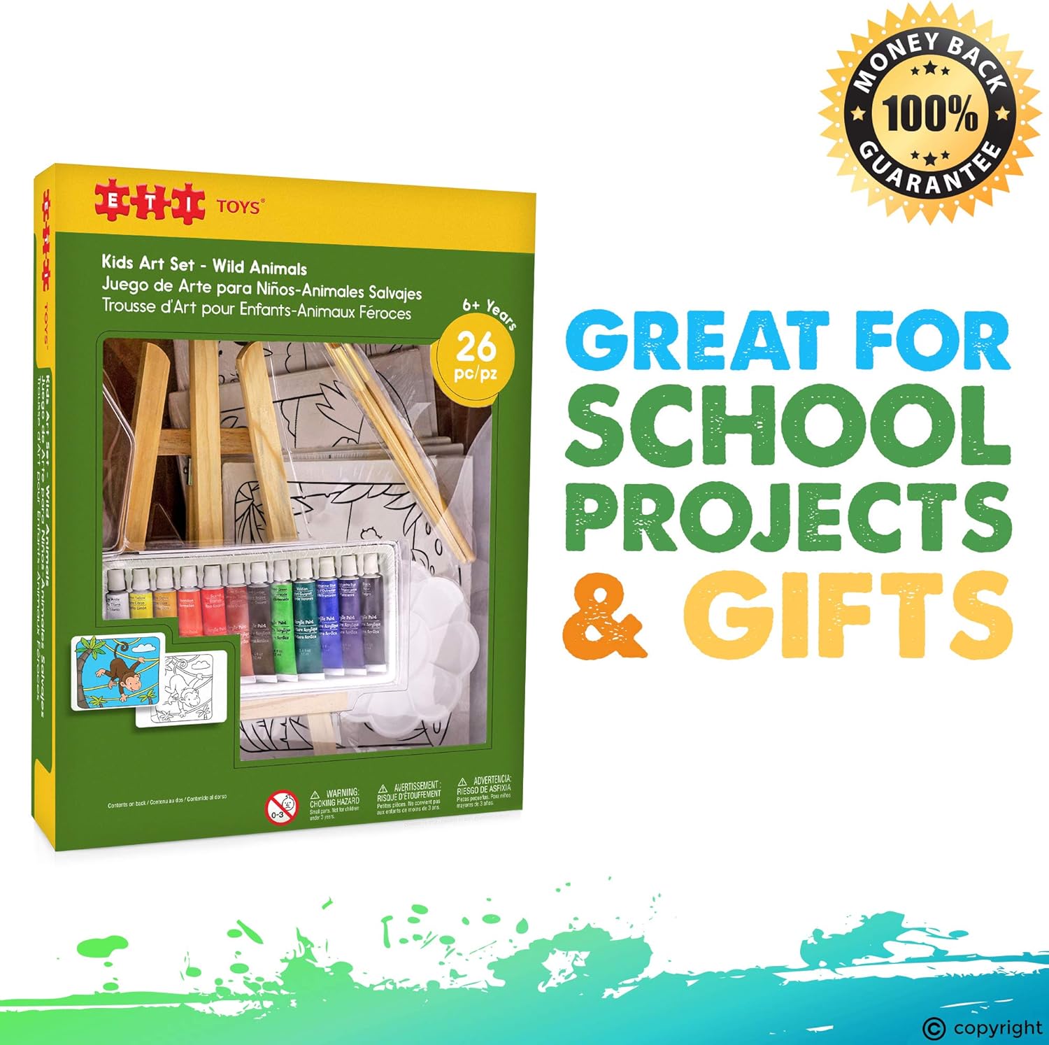 ETI Toys, 26 Piece Kids Art Painting Set with Wood Easel, 6 Wild Animals Themed Canvases, 12 Color Acrylic Paints, 5 Paint Brushes, Palette. Arts Studio for Artist Children Ages 6+ Years Old. : Toys & Games
