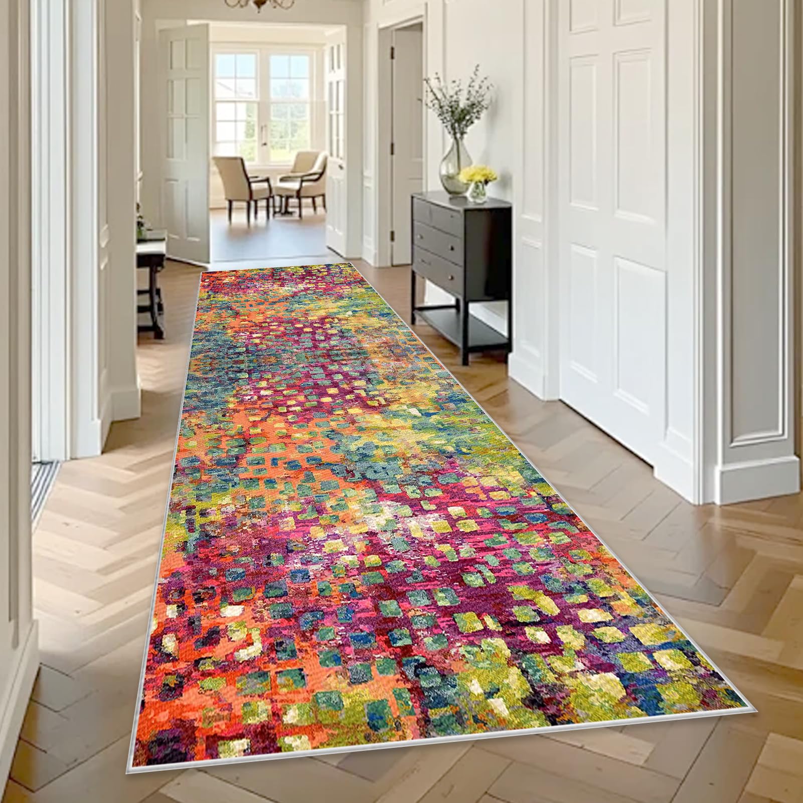 Dywanik na korytarz, długi, antypoślizgowy dywanik kuchenny, 90 x 350 cm, dywan do kuchni, przedpokoju, nadaje się do prania, dywanik nocny, dywan z krótkim włosiem, do kuchni, wejścia, salonu
