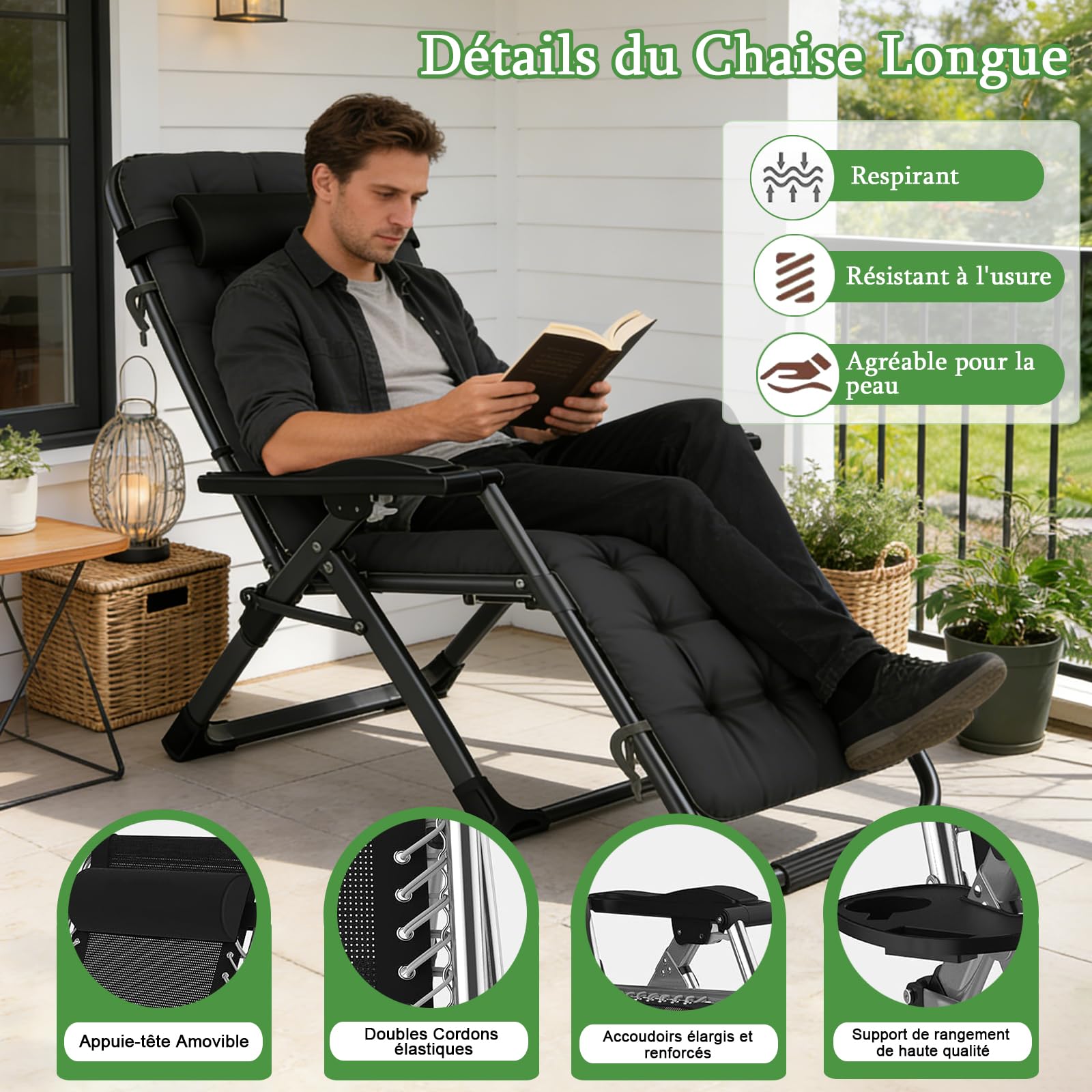 Chaise Longue Pliante 72cm Fauteuil Relax Jardin Exterieur avec Coussin et Housse de Protection, Transat Jardin Exterieur pour Balcon, Plage, Terrasse, Charge 200 KG