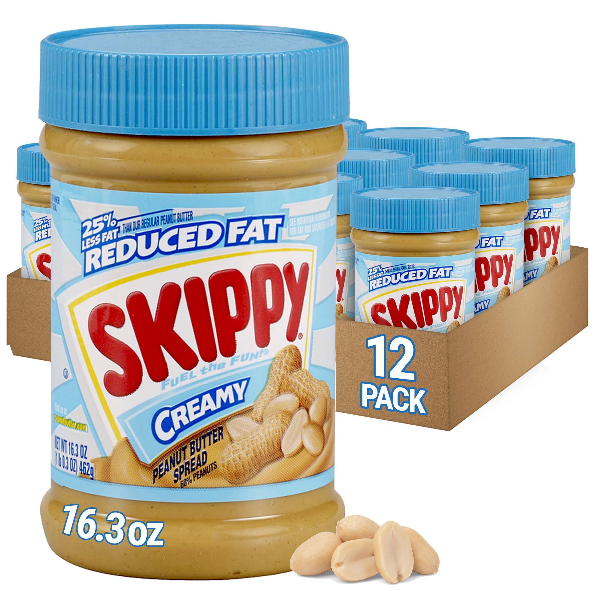 SKIPPY Reduced Fat Creamy Peanut Butter Spread, 16.3oz x12 | 25% Less Fat, 7g Plant Based Protein / serving, Gluten-free. Perfect for Dipping, Protein Snacks, Kids Snacks, Kids Lunch