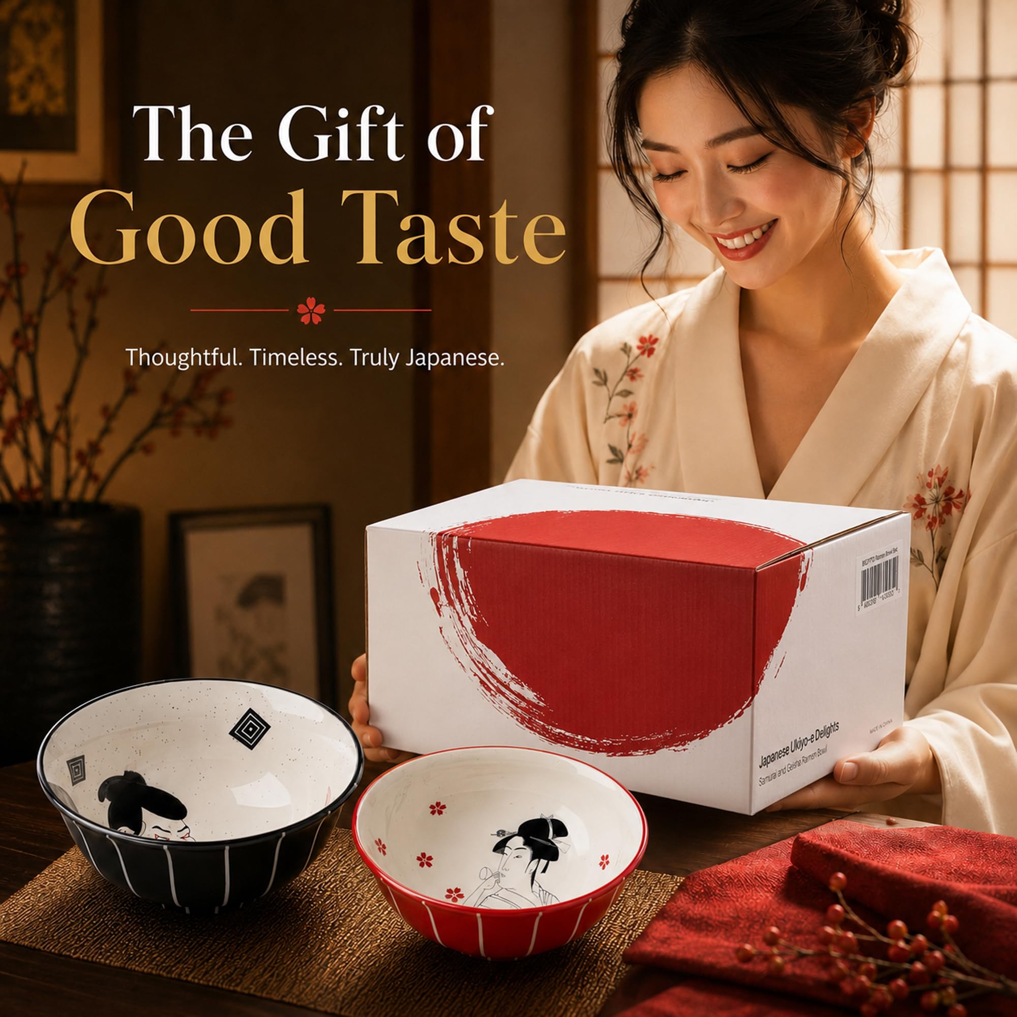 BICETTO Ramen Schüssel-Set, 2-teilig, Porzellanschalen, 1,3 l, Samurai