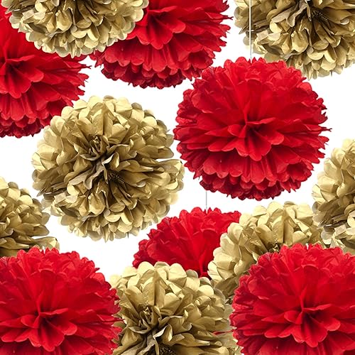 14" Red and Gold Tissue Pom Poms Kit DIY Decorative Paper Flowers Ball for Christmas New Years Eve Party Wedding Baby Shower Graduation Birthday