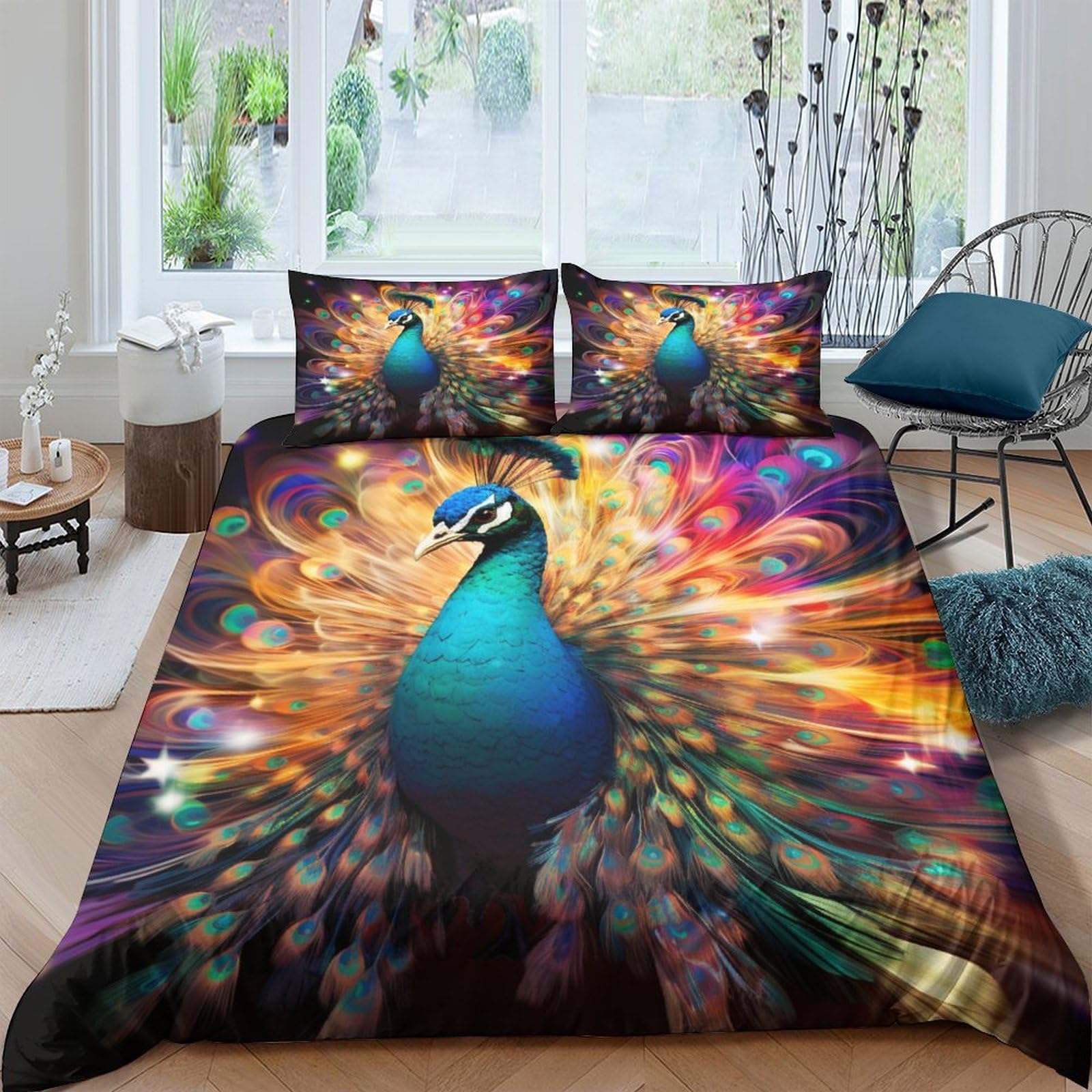 Housse de couette paon 3D ensemble de literie microfibre double 200x200cm