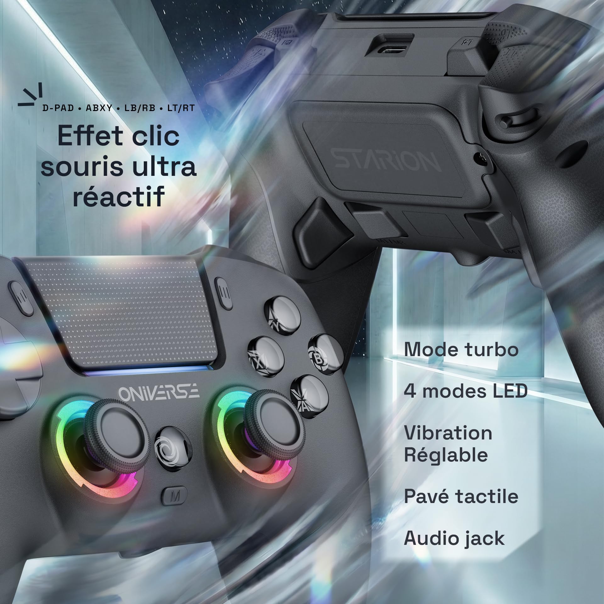 Oniverse Manette sans fil pour PS5/PC/Steam Deck - Starion - Joystick et gâchette Hall Effect, Palettes macro programmables, Gâchettes L4/R4, Pavé tactile, Anti-Drift, Bluetooth/USB-C - Black