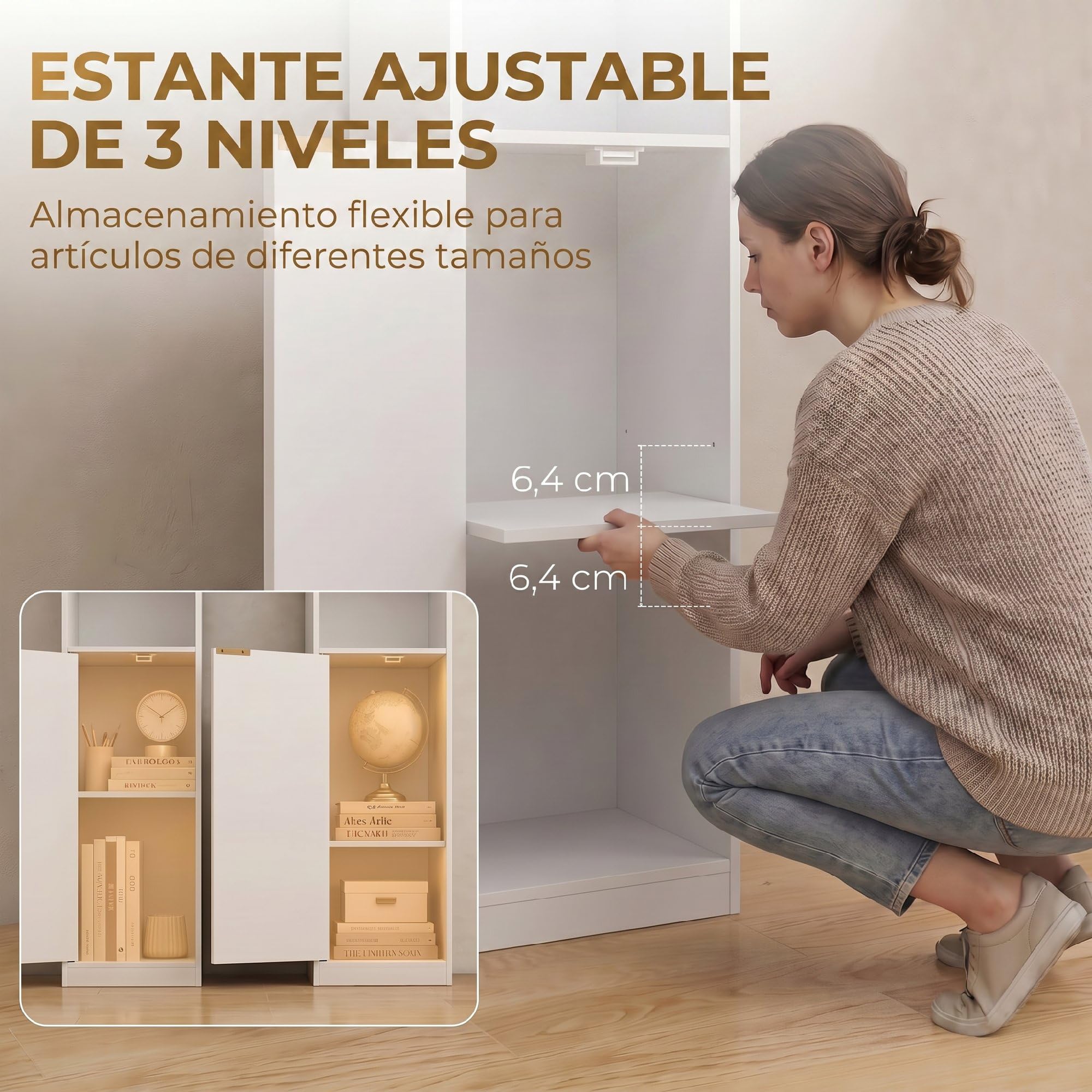 HOMCOM Estantería para Libros de 6 Niveles 30x24x182 cm Blanco | Librería Alta y Estrecha, 4 Estantes Abiertos, Puerta, Estante Ajustable, Salón, Estudio, Oficina