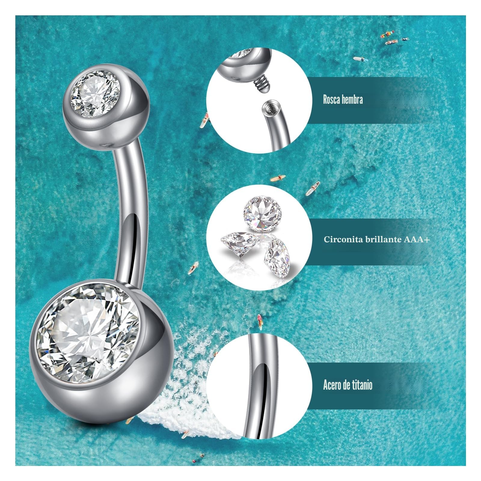 AceFun Piercing ombligo Titanio oro plata 6mm-14mm Acero quirurgico 14G Barbell G23