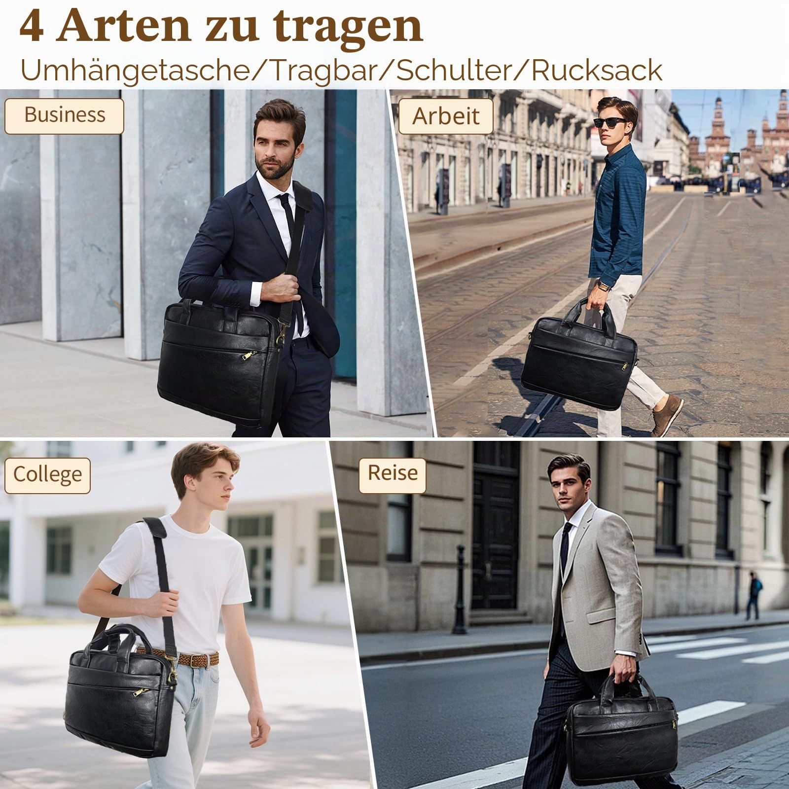 Herren Messenger Bag 17,3 Zoll Canvas/Leder Laptoptasche Rucksack für Herren Aktentasche Computer Handtaschen Schultertasche wandelbar, PU, klein, Schwarz, 16 inches, Retro