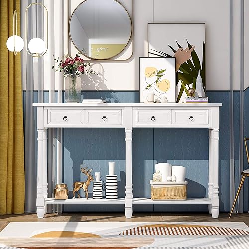 AWQM Mesa consola con cajones, mesa de sofá con estante largo, ideal para sala de estar, entradapasillo, 58 pulgadas de largo x 11 pulgadas de ancho