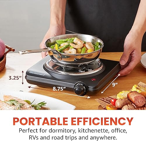 Miniatura 2 de Elite Gourmet ESB100B Placa caliente eléctrica de bobina única para encimera, quemador eléctrico, control de temperatura, luz indicadora, fácil de