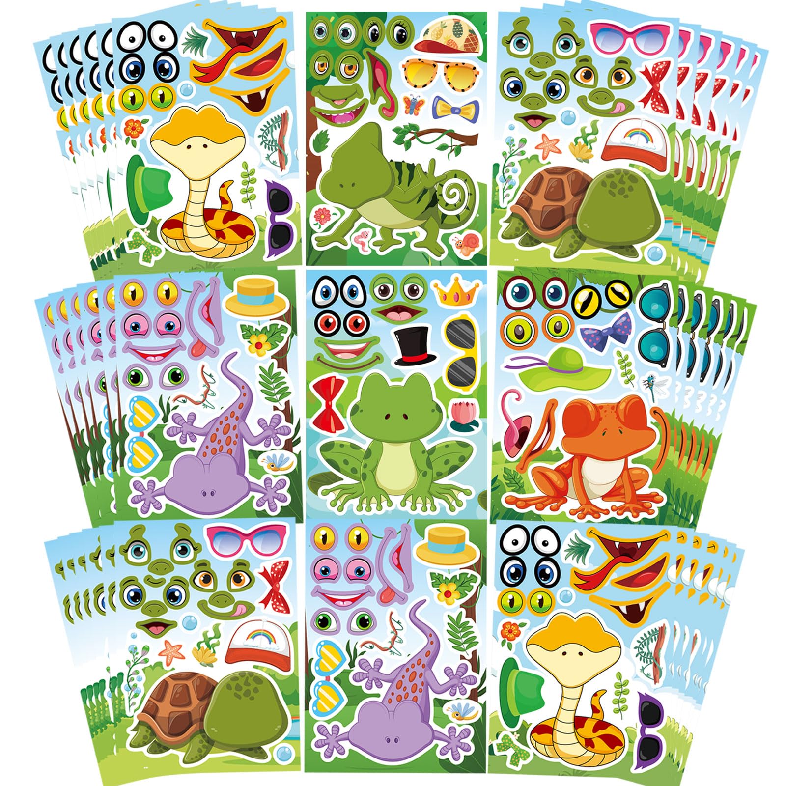 36 PCS Make a face Sticker for Kids Toddlers, Make Your Own Reptile Animal Mix and Match Sticker with Snakes, Lizards, Frogs, Turtles, Kids Party Favor Craft Supplies