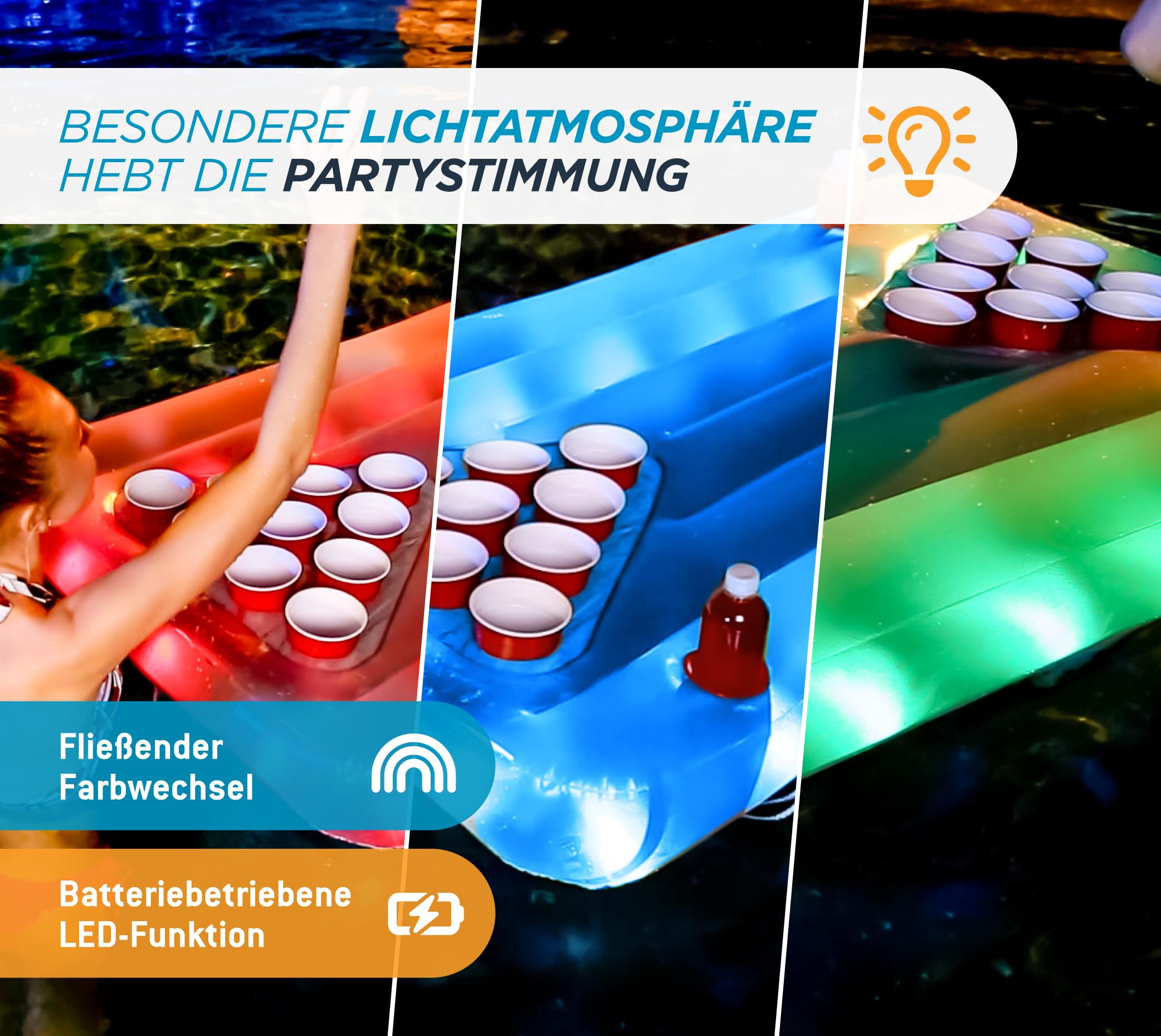 Summer Waves Bier Pong Luftmatratze inklusive LED | 160x84x19 cm Blau | Pool Trinkspiel | Aufblasbarer Beerpong Tisch | Partyzubehör