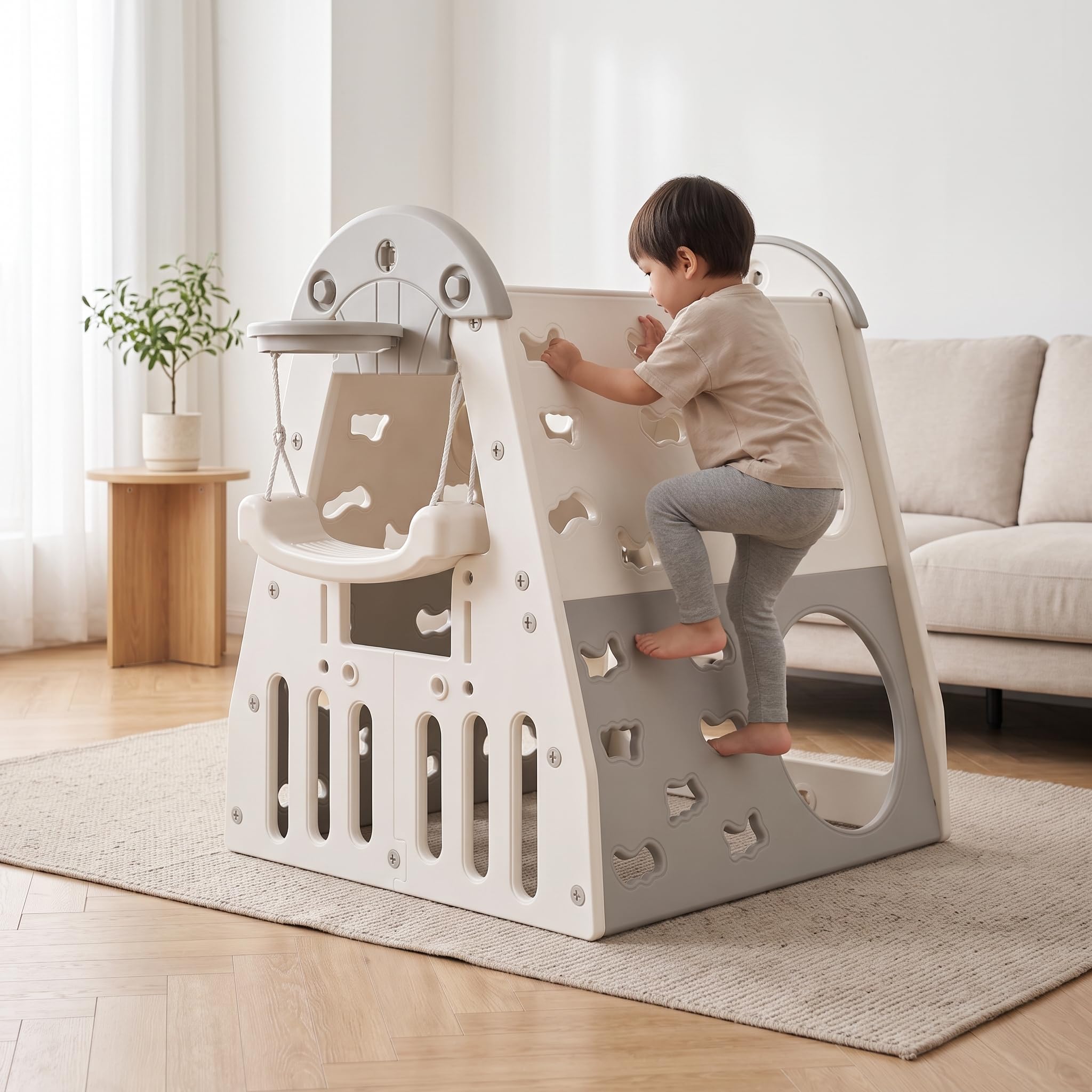 Klettergerüst Indoor & Outdoor mit Rutsche für – Multifunktionaler Spielplatz mit Schaukel und Basketballkorb