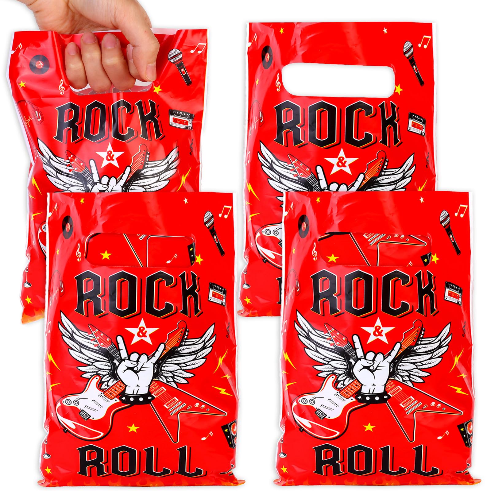 Serencatcher 50Pcs Rock and Roll Party Bags, Music Gift Goodie Candy Treat Bags, Plastic Gift Bags with Handles Black and Red for 1950s 80s 90s Rock N