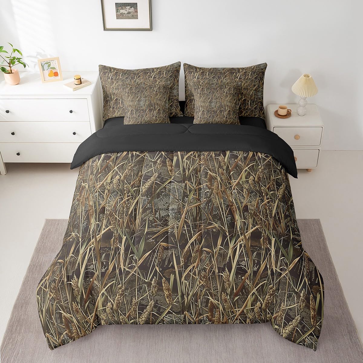 Feelyou Camouflage Bedding Set Camo Comforter Set 7 Pieces Rustic Lodge Cabin Farmhouse Tree Leaves Military Style Bed in a Bag Queen Size Botanic Bed