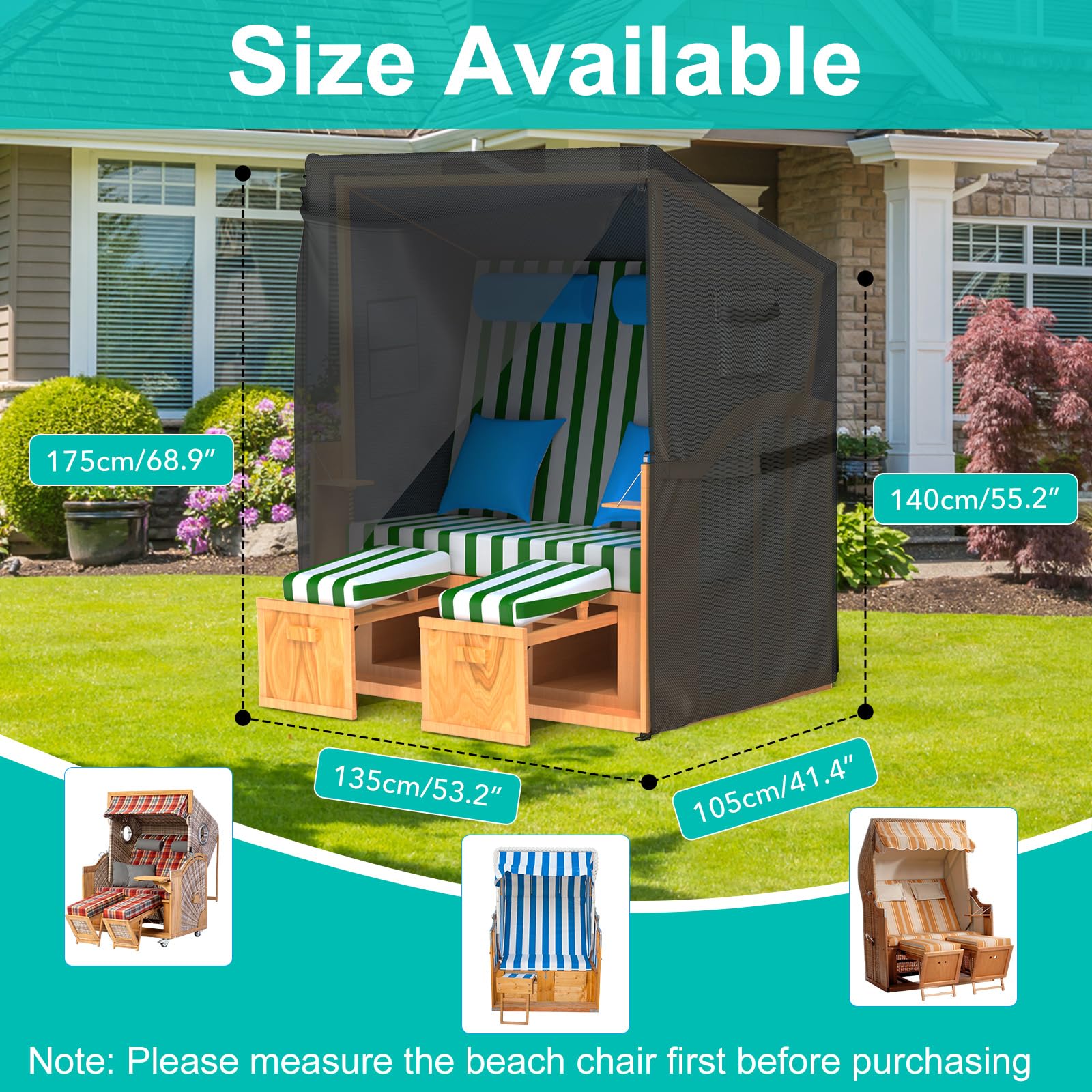 Funda Protectora para Sillón de Playa 135x105x175/140cm, Impermeable, Cortaviento y Resistente a los Rayos UV, Funda de Silla de Playa de Tejido Oxford 600D con Cremallera Impermeable
