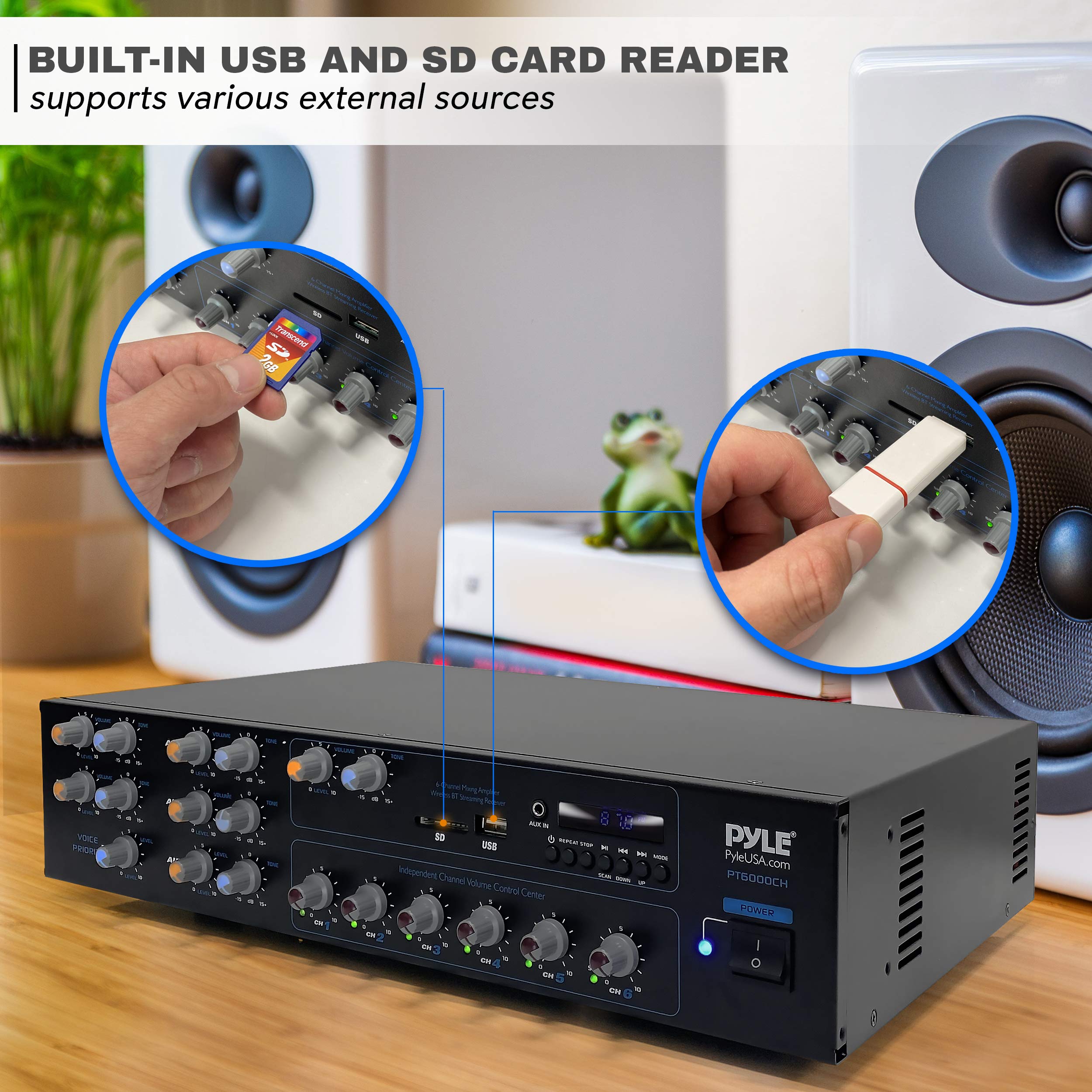 Pyle PT6000CH.5 Amplificateur de puissance avec Bluetooth sans fil – Audio multi-zones à montage en rack 6 canaux – pic de 4200 W – Récepteur de mixage stéréo avec RCA, USB-A, AUX – pour commercial