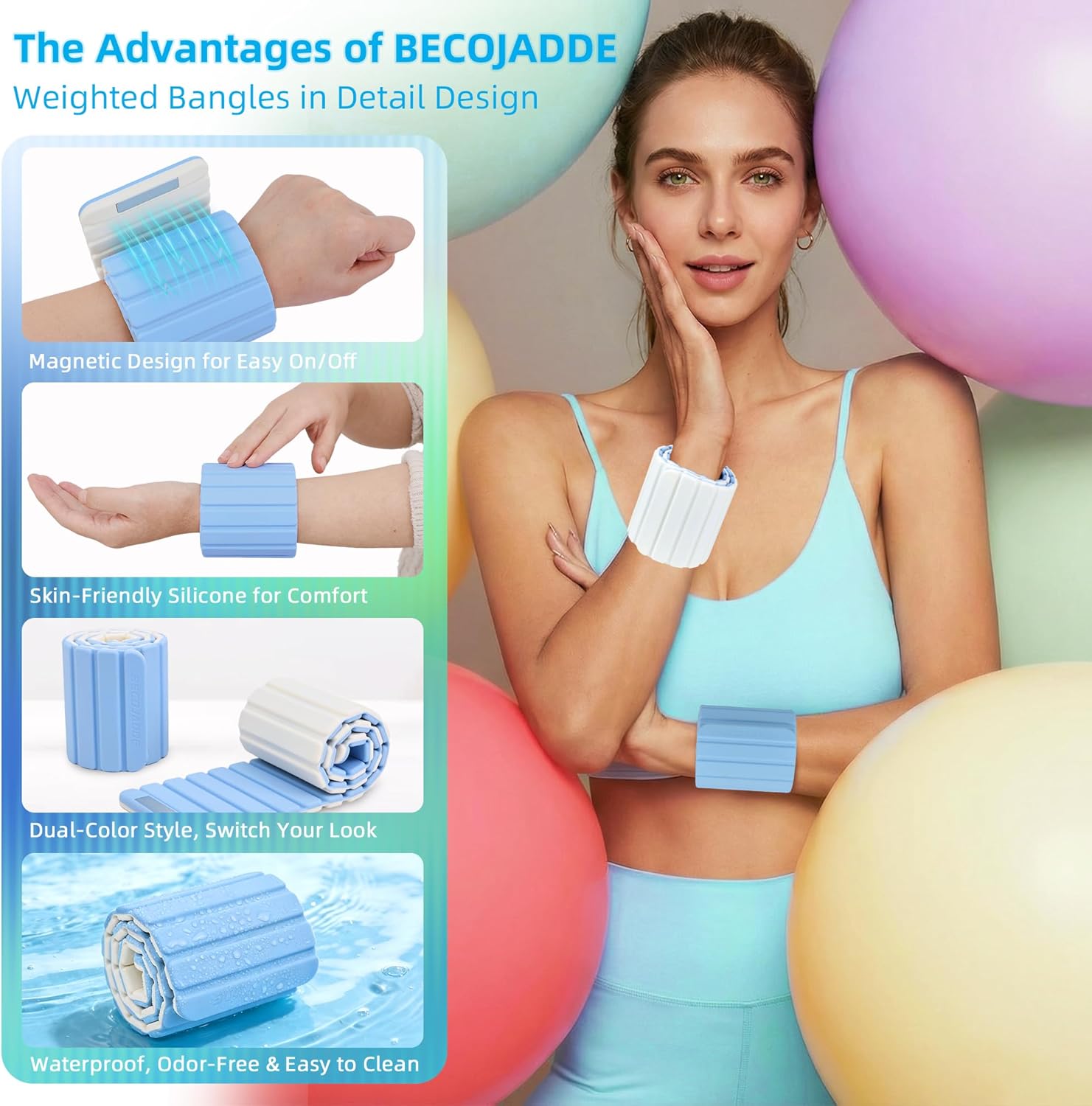 BECOJADDE Wrist Weights Ankle Weights for Women 1 Pair (1.1 lb/2.2 lb Each) Silicone Magnetic Leg Arm Weighted Bracelet for Home Yoga Pilates Gym Workout Walking Jogging