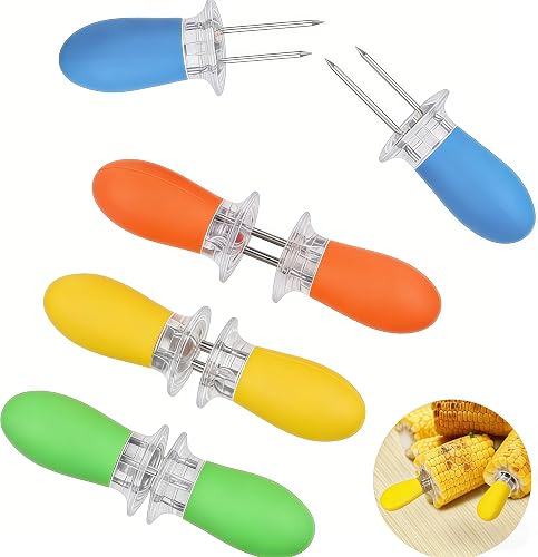 Corn on the Cob Holders 8 Pack (4 Pairs) Stainless Steel Sweetcorn Forks with Non-Slip Silicone Handles 4 Colours Corn Skewers for BBQ Grilling Camping Picnic Party
