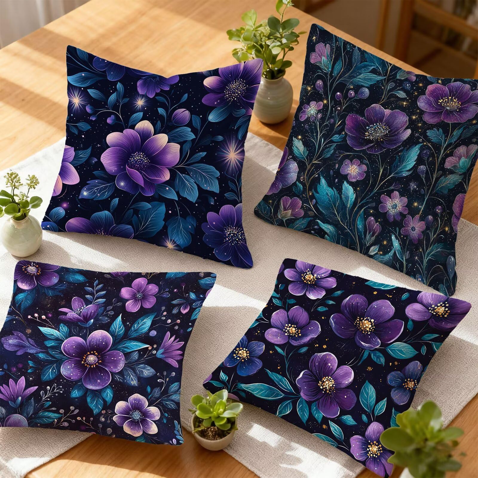 Violet Housse Coussin 60x60 Fleur Taie Oreiller 60x60 Lot de 4 Super Doux Protege Oreiller 60 x 60 Decoration Automne Taie D'oreiller Carrées Coussin Canape, pour Maison Chambre Canapé Chaise E - 324