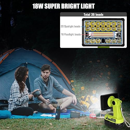 Miniatura 5 de Luz de 18 V compatible con batería Ryobi de 18 V, foco de 18 W 2000LM con puerto USB, cabezal giratorio de aleación de zinc de 110 grados, reflector