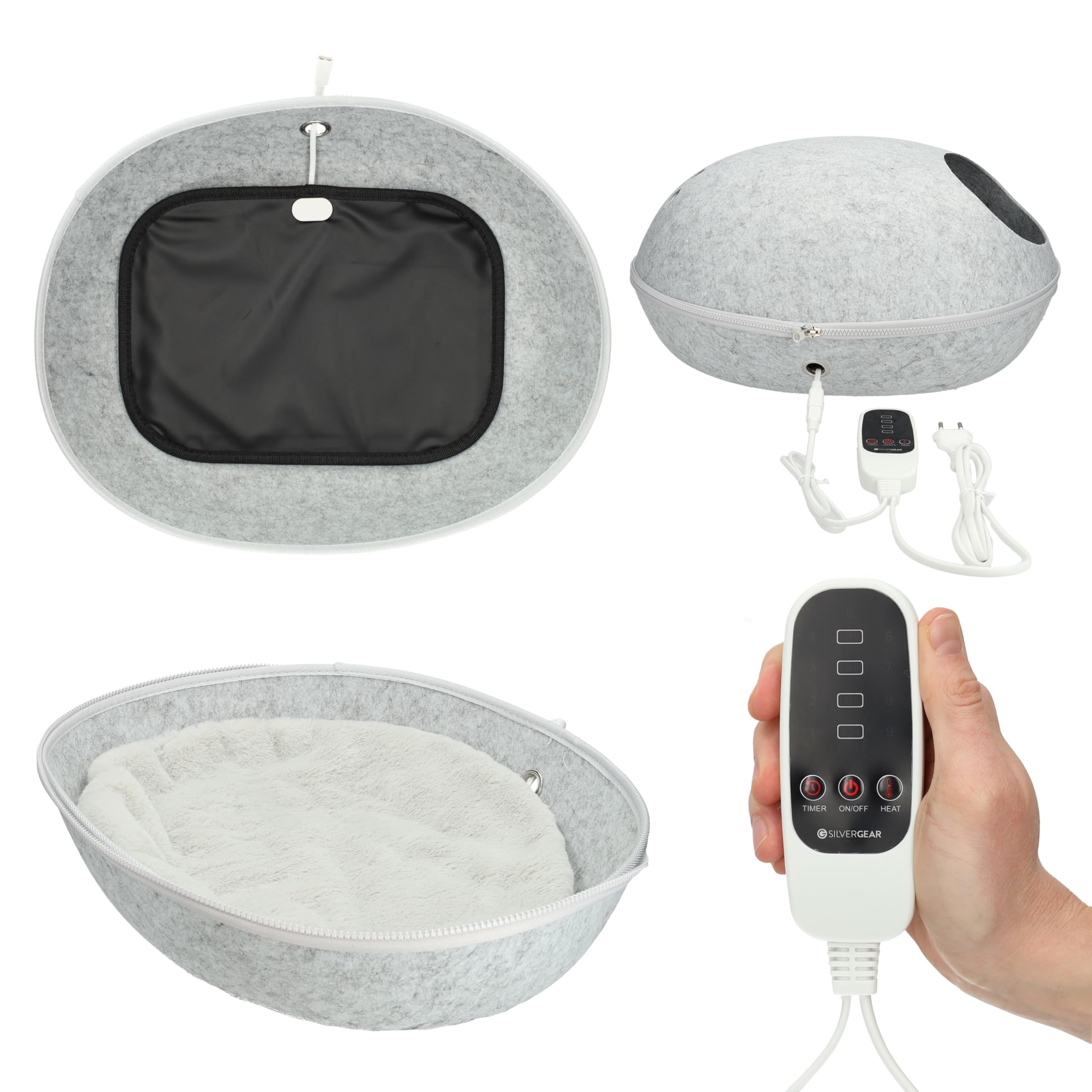 Silvergear® Katzenbett mit Heizung | Heizdecke für Katzen | Katzenklo mit Heizkissen | Katzenhöhle | Katzenspielzeug | 9 Heizmodi | Incl. Funktion Zeitmessung | Grau