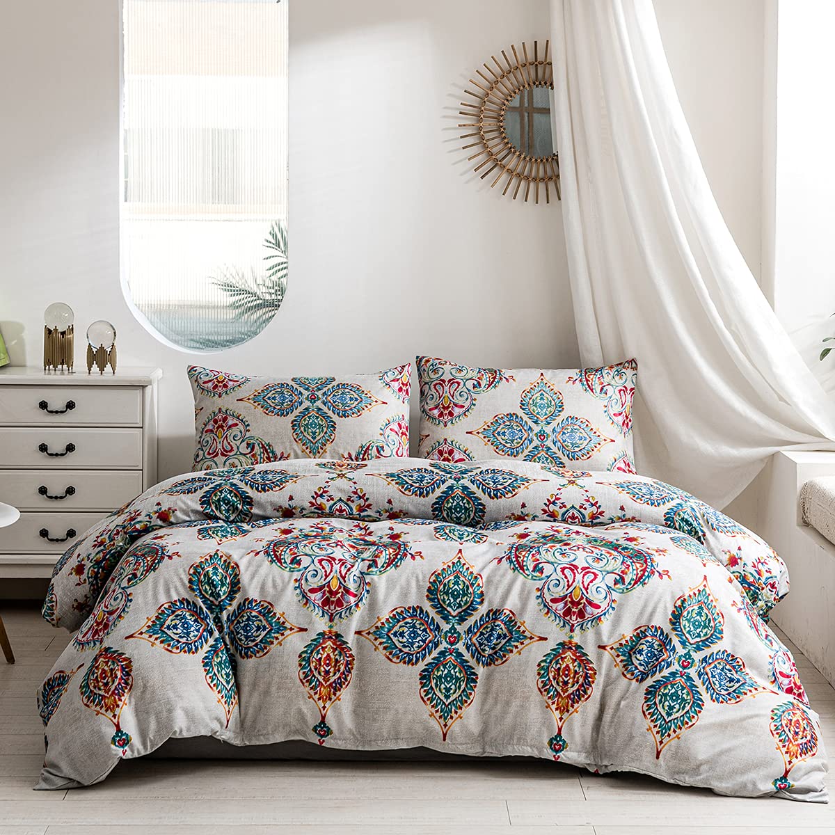 Damier Ropa de cama de 200 x 220 cm, diseño bohemio, color turquesa indio, mandala, funda de edredón de microfibra con cremallera oculta y 2 fundas de almohada de 80 x 80 cm