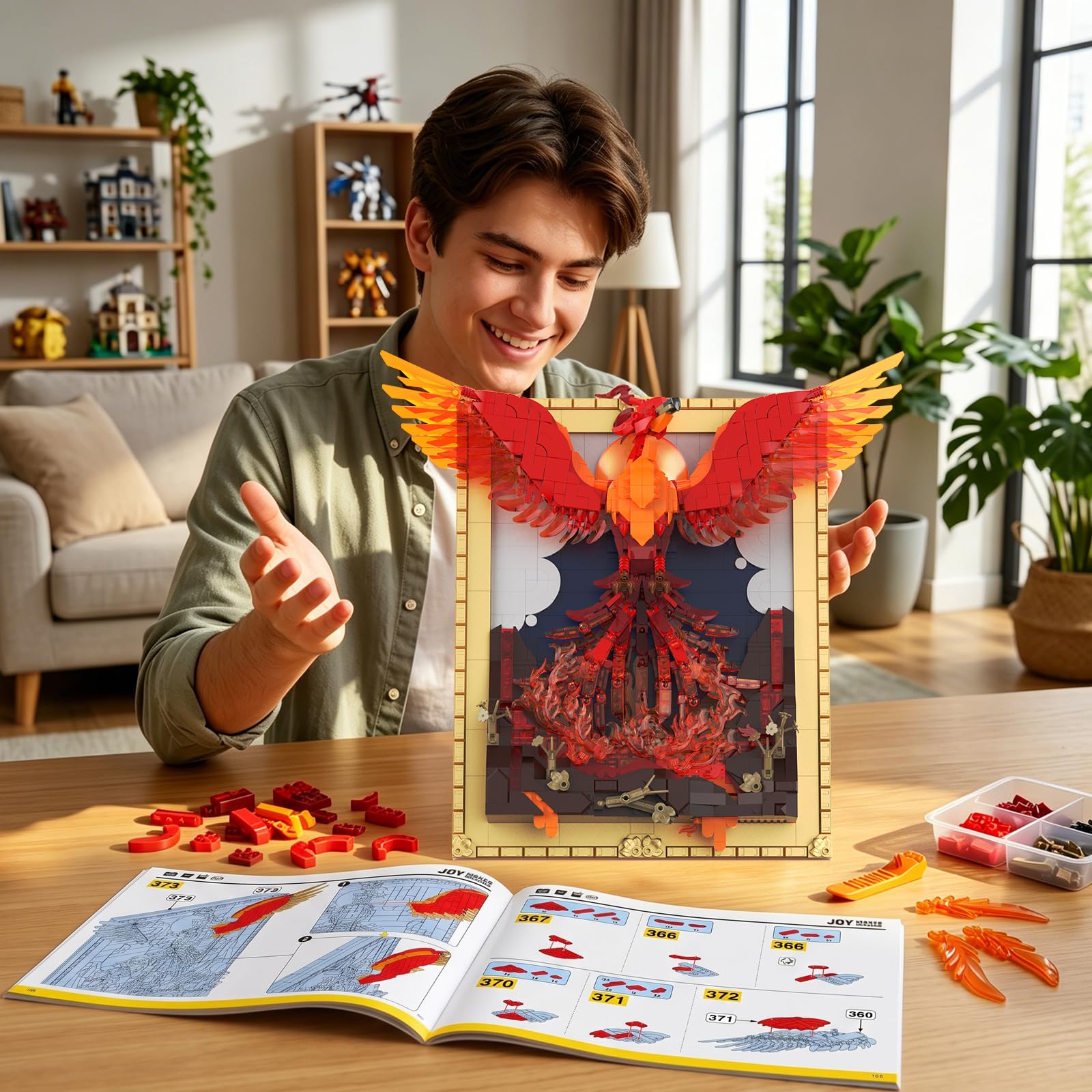 JMBricklayer Phoenix Art Klemmbausteine Erwachsene mit Licht, 3D Nirvana Wanddeko Tisch Display Modell mit Ständer, 70017 Bilderrahmen Wandkunst Zuhause Büro, Bauset Geschenk für Jugendliche 14+