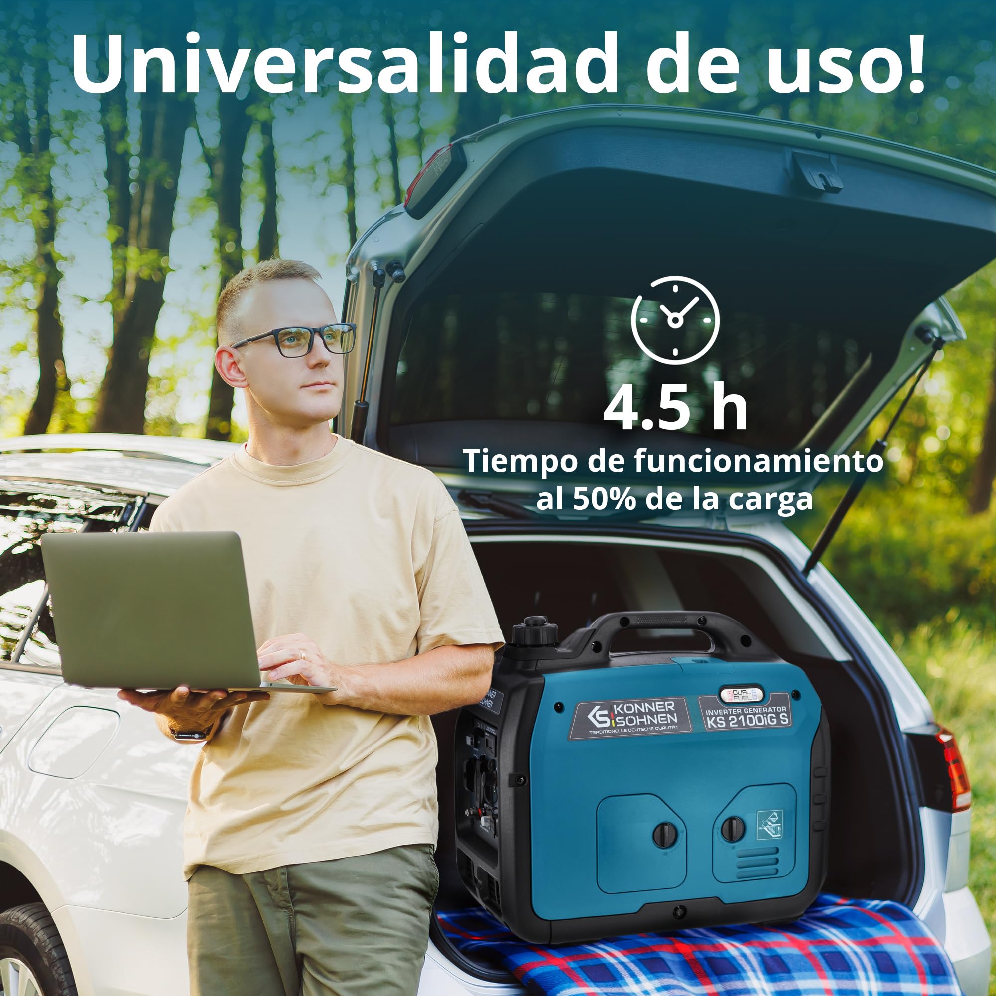 Könner & Söhnen KS 2100iG S Generador Inverter Gasolina 2000W Schuko Socket 230V 2 Puertos USB Indicador LED Modo ECO Generador de Emergencia EURO V