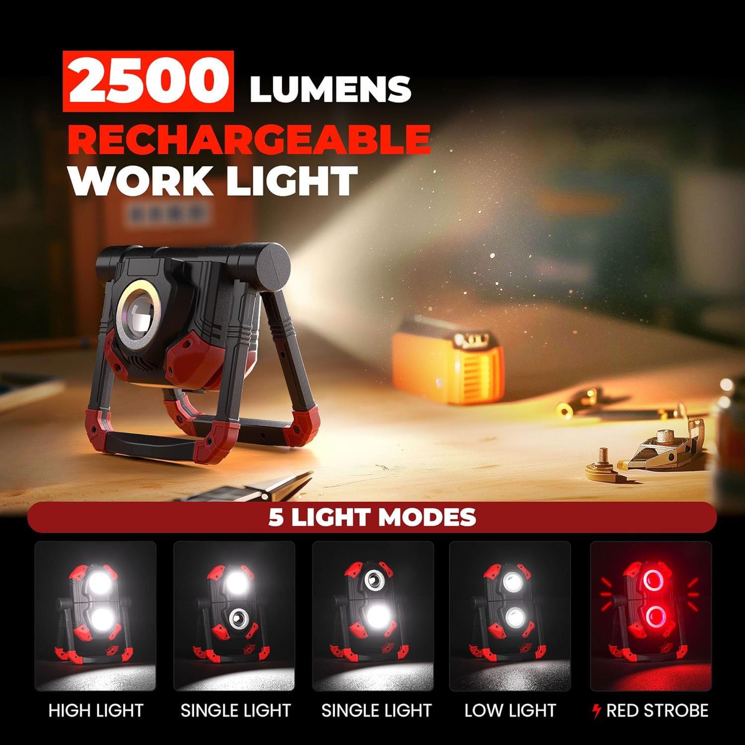 Yzoni 2 Pack LED Work Light Rechargeable, 2 COB 2500LM Folding Portable Flood Light with Magnetic Base and 360° Rotation Stand, Spotlights for Camping Car Repairing Emergency Job Site Lighting - Image 2