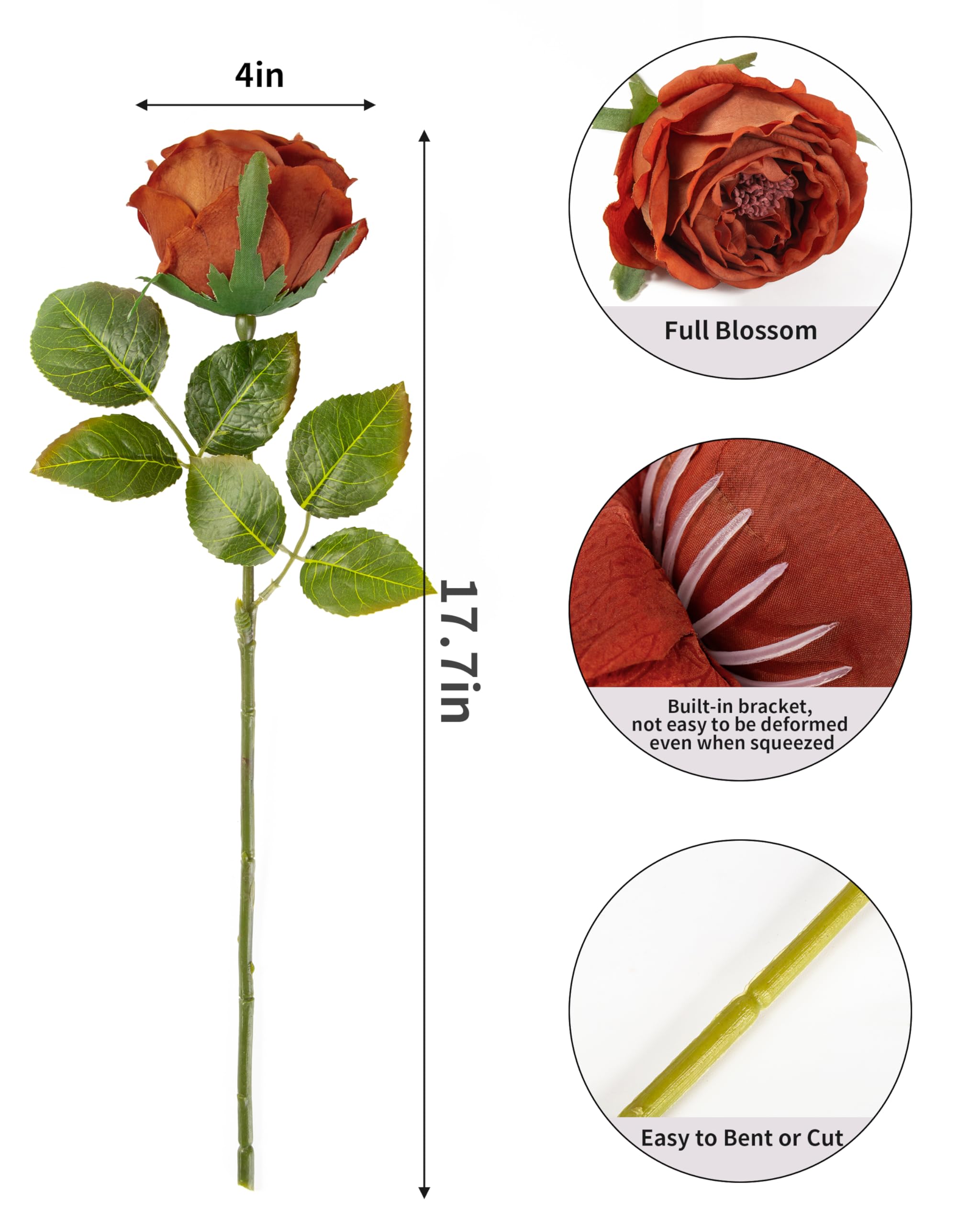 DuHouse 5Pcs Real Touch Silk Roses Fake Burnt Orange Roses with Stems Artificial Flowers for Arrangement Wedding Party Home Decoration - Image 2