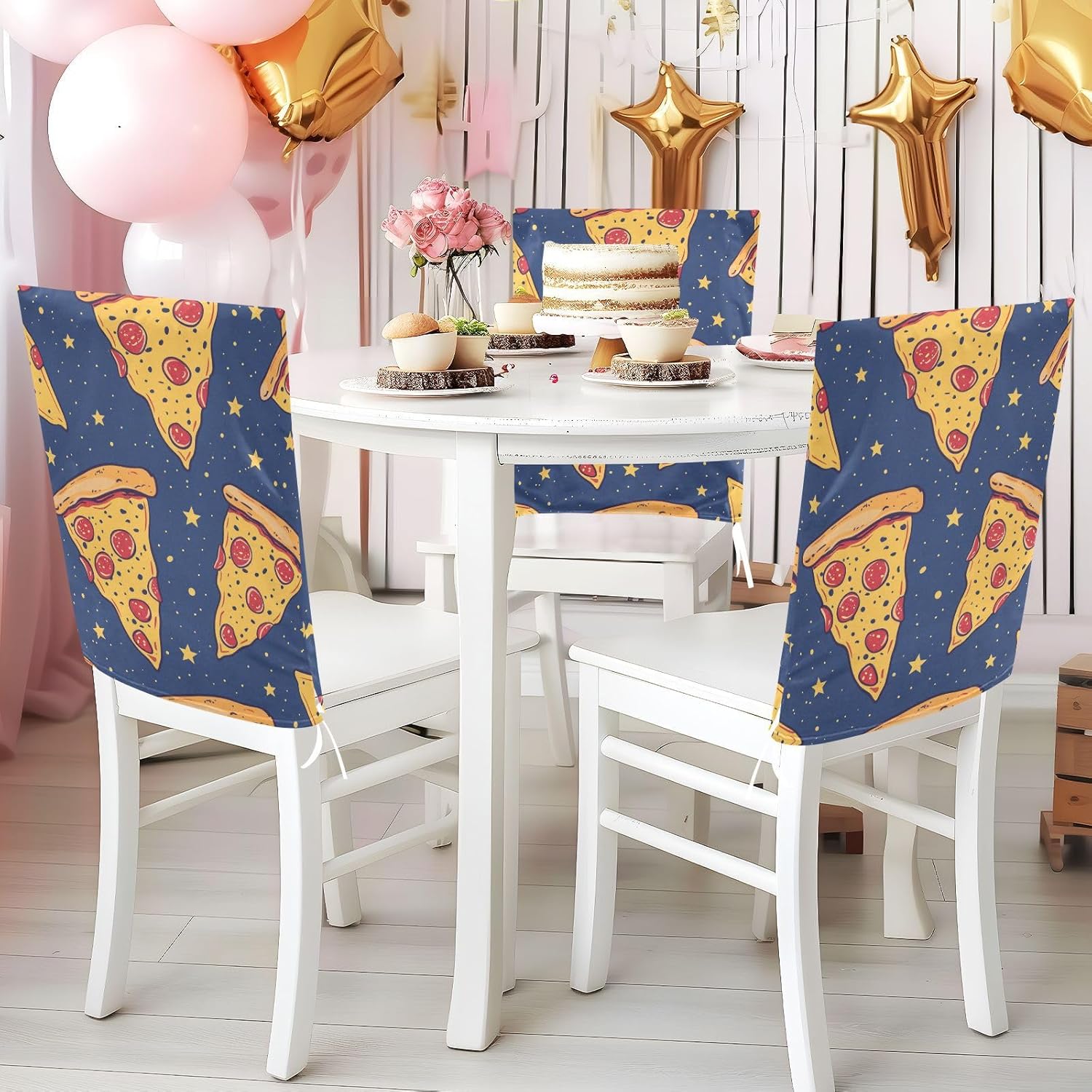 ALAZA Pizza Stars Blue Chair Back Cover Set of 6, Washable Reusable Removable Chair Slipcovers Decorative Chair Cover for Home Kitchen Wedding Party