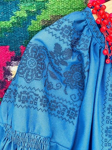 Miniatura 7 de Blusa bordada ucraniana - Camisa casera de algodón azul con bordado floral Vyshyvanka Top para mujer Tamaño y color personalizados XS a 4XL