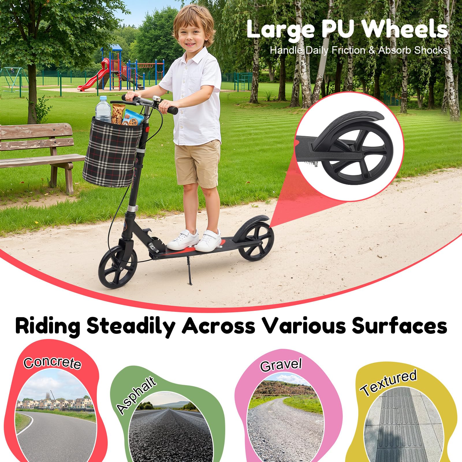 Patinete de ciudad plegable con cesta de almacenamiento y soporte de seguridad, patinete portátil plegable para desplazamientos, compras, capacidad de carga de hasta 150 kg
