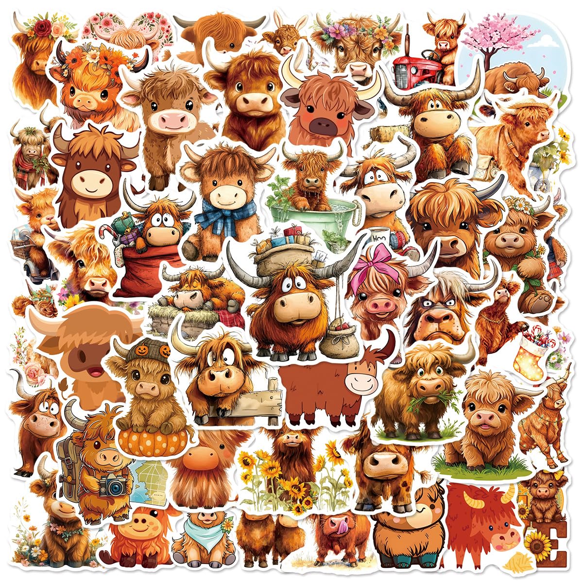 Bric Dodo 50 Pcs Highland Cattle Stickers Laptop Car Scrapbook Phone Skateboard Suitcase Luggage Bike Highland Cow Vinyl Waterproof Aesthetic Personalised Stickers For Adults