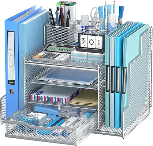VIVSOL Organizador de escritorio de suministros de oficina, organizadores de escritorio y accesorios con organizador de 2 archivos con bandejas de