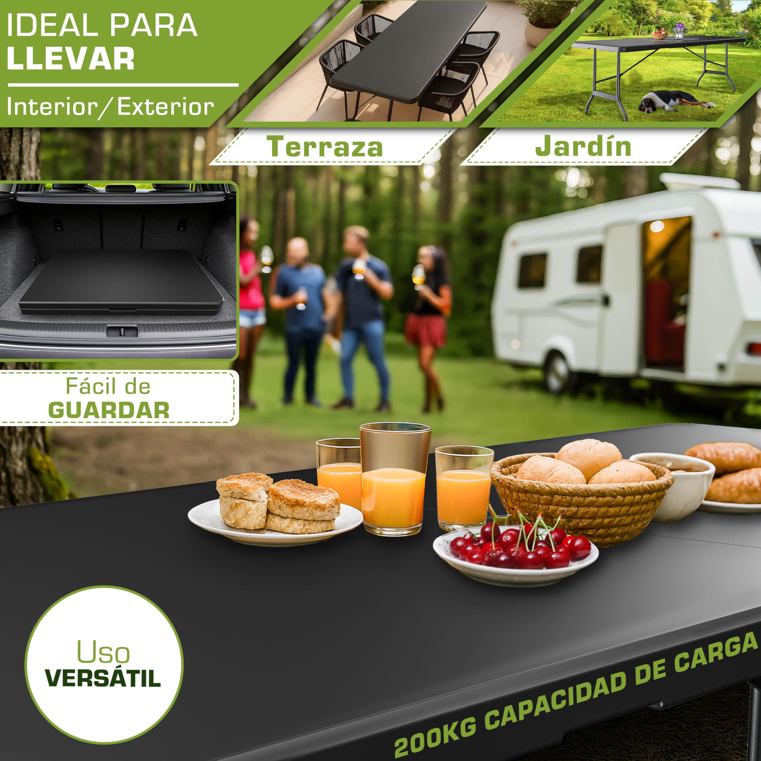 tillvex Mesa de jardín plegable de plástico de 180 x 75 cm, mesa de buffet con asa, mesa plegable para jardín, terraza y balcón, mesa de camping para 8 personas