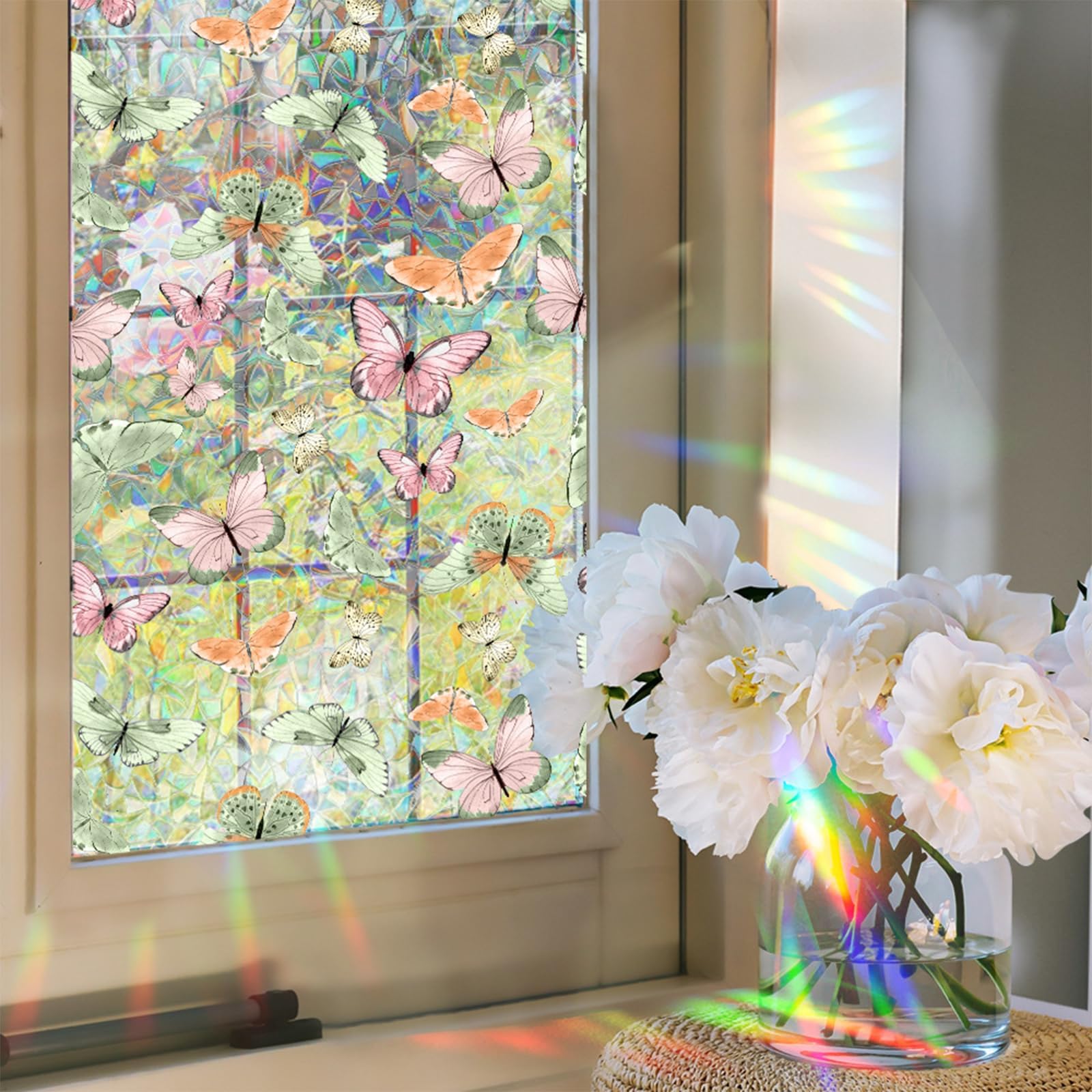 KASTWAVE Pink Butterfly Window Privacy Film, Rainbow Decorative Window Cling, Sun Blocking Static Cling Window Stickers, 17" x 39.4"