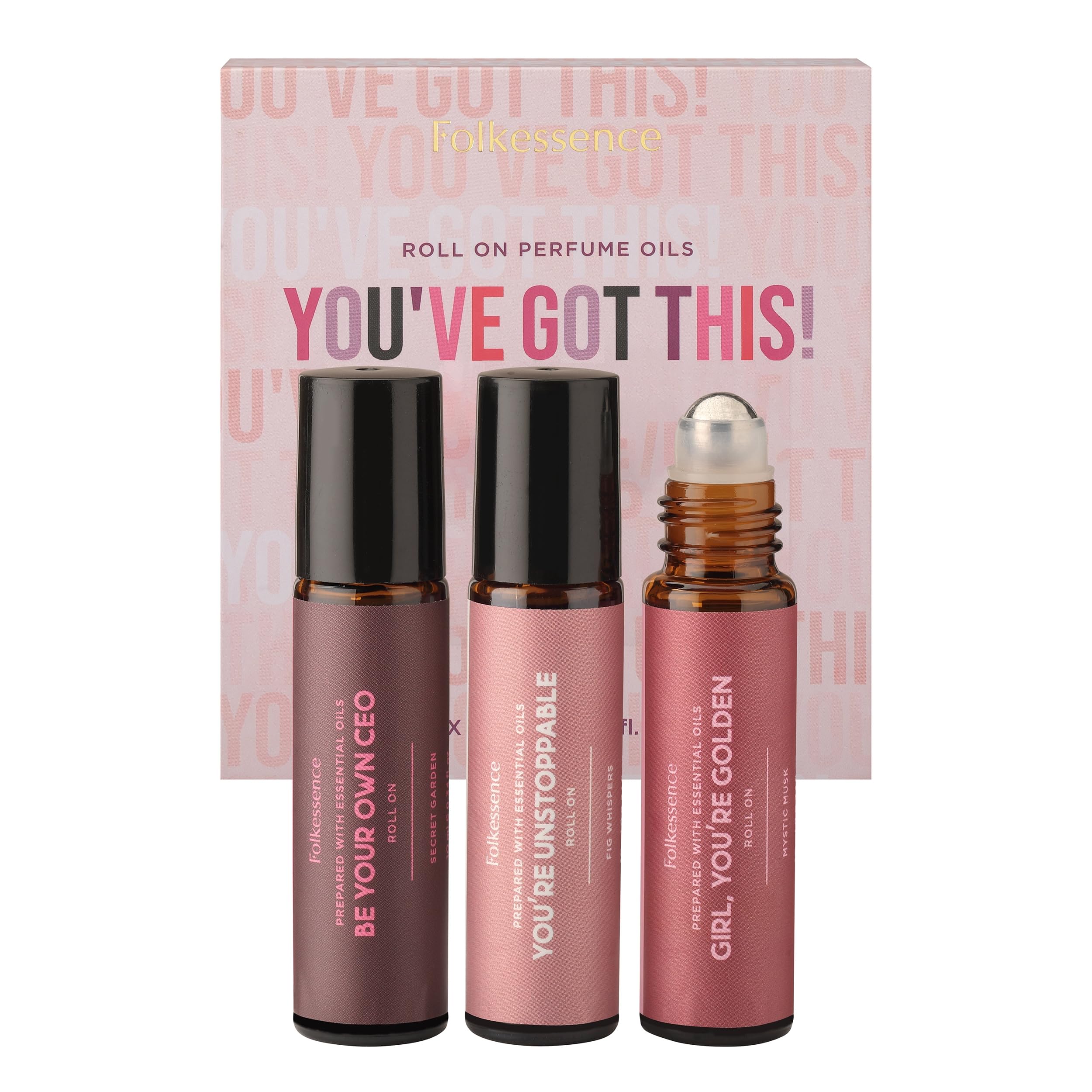 Folkulture Roll On Perfume Set of 3 | Essential Oil Roller Blends or Pheromone Perfumes for Women for Fragrance | Fragrance Oil Roll On | Wild Rose, Peony, Fig Tree - You've Got This
