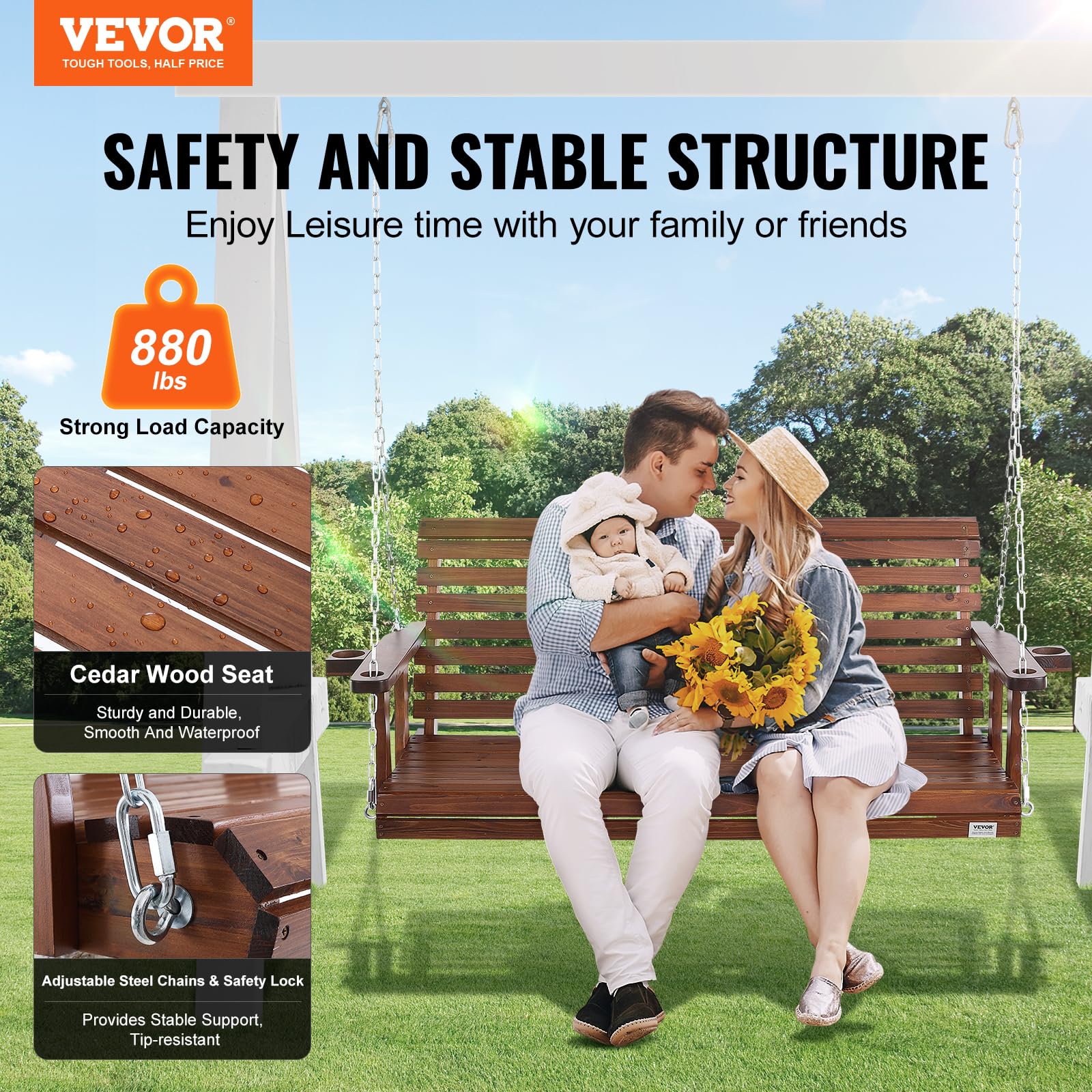 VEVOR Columpio de Madera para Porche 170x71x60cm, Columpio de Banco para Patio y Jardín, Capacidad de Carga Fuerte Mejorada de 880 Libras, Banco de Silla con Cadenas Colgantes para Exteriores, Marrón