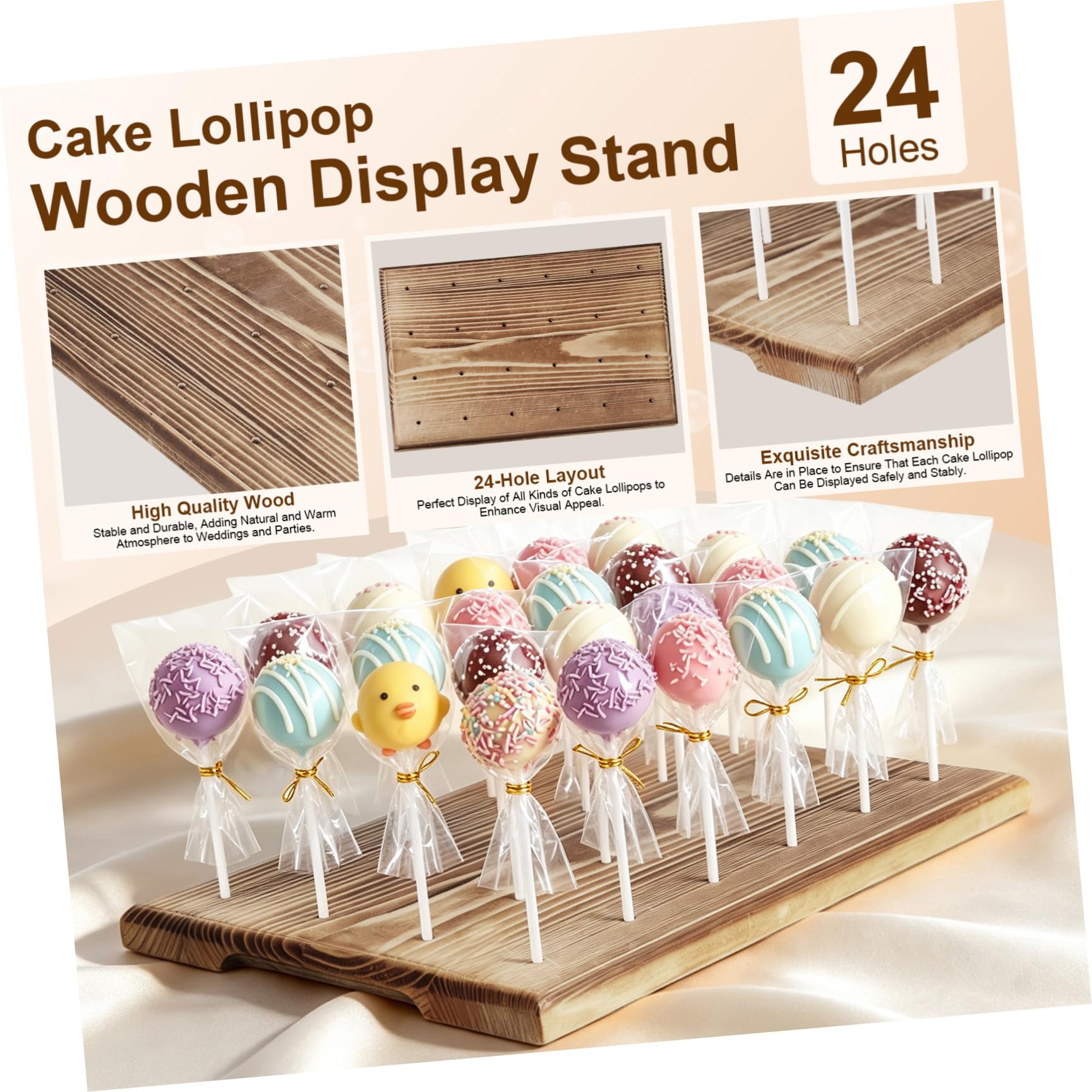DOITOOL Cake Pop Präsentationsständer mit 24 Löchern für Hochzeiten | Holzsockel, Stiele, Geschenktüten und Drehverschlüsse, Glatte Oberfläche, Leicht zu Reinigen, Sichere Aufstellung