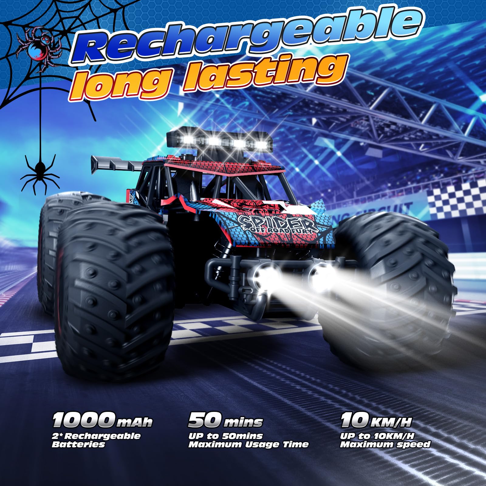 Tecnock Coche Teledirigido 1:20, Camión RC Todoterreno Recargable con LED, 10 km/h, 2,4 GHz, 2 Baterías para 50 Min, Estable y Fácil de Controlar, para Niños y Principiantes