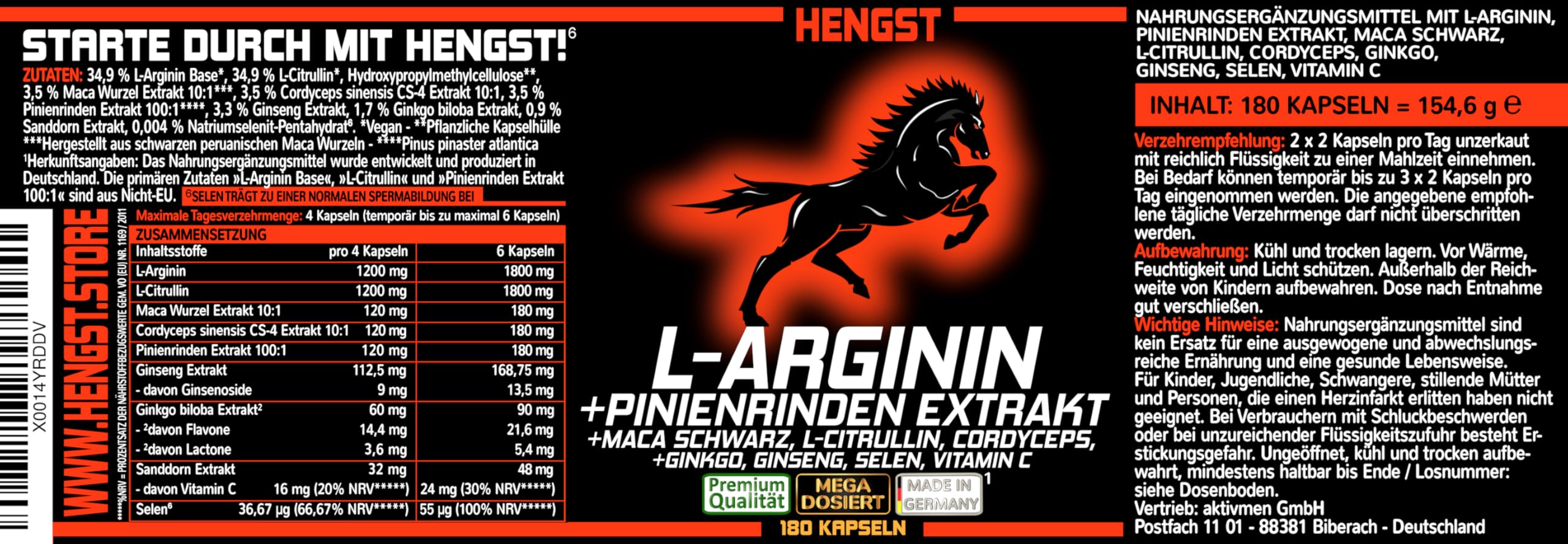 MACH! DICH! HENGST!² L-Arginin + Pinienrinden Extrakt 100:1, 180 Kapseln + MACA SCHWARZ, L-Citrullin, Ginseng, Ginkgo, Cordyceps, Selen, Vitamin C, 1 Dose [1x154,6g]