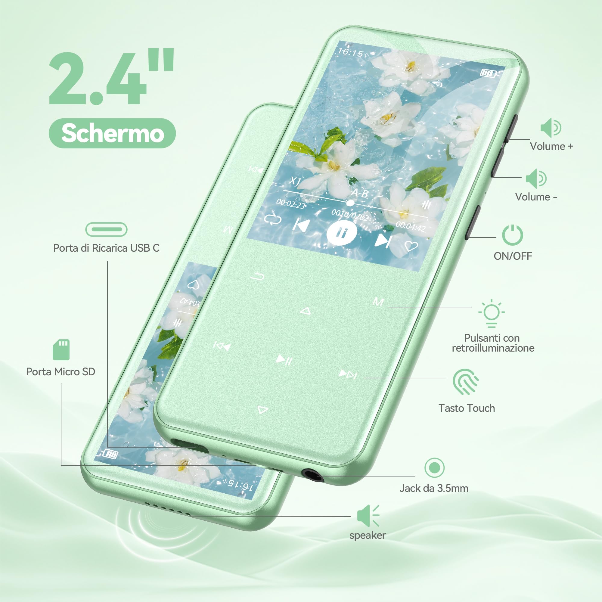 AGPTEK Lettore MP3 Bluetooth 5.3, Lettore Musicale da 64 GB in Metallo, Schermo da 2,4", Qualità Sonora HiFi, MP4 con Pulsanti Touch, Altoparlante, Radio FM, Registratore, 60 Ore di Musica, Verde