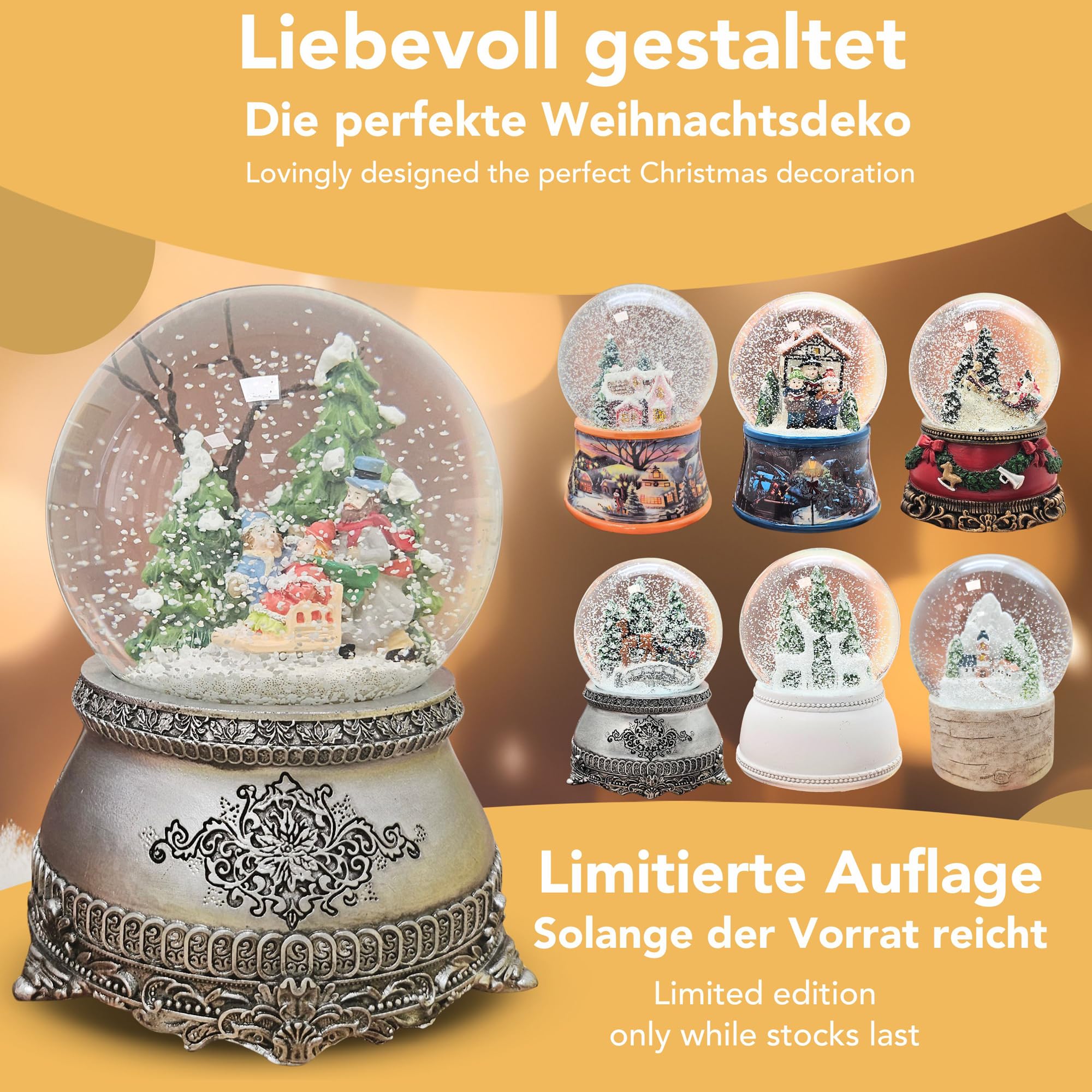 Weihnachts-Schneekugel mit Musik | Schneekugel Winterspaziergang mit Familie | Sockel Zinnoptik Ornamente | 100mm breit, 140mm hoch | mechanische Spieluhr | Weihnachtsdekoration | 20316