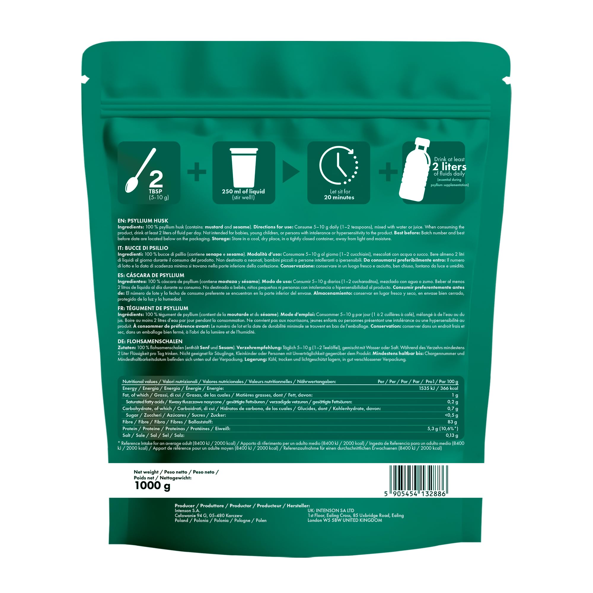 Intenson Psyllium Husk Cáscara de Psyllium, 1000 g, Alto Contenido en Fibra, 100% Natural, Vegano y Apto para Dieta Keto, Sin Gluten, Sin Aditivos, Sin OGM