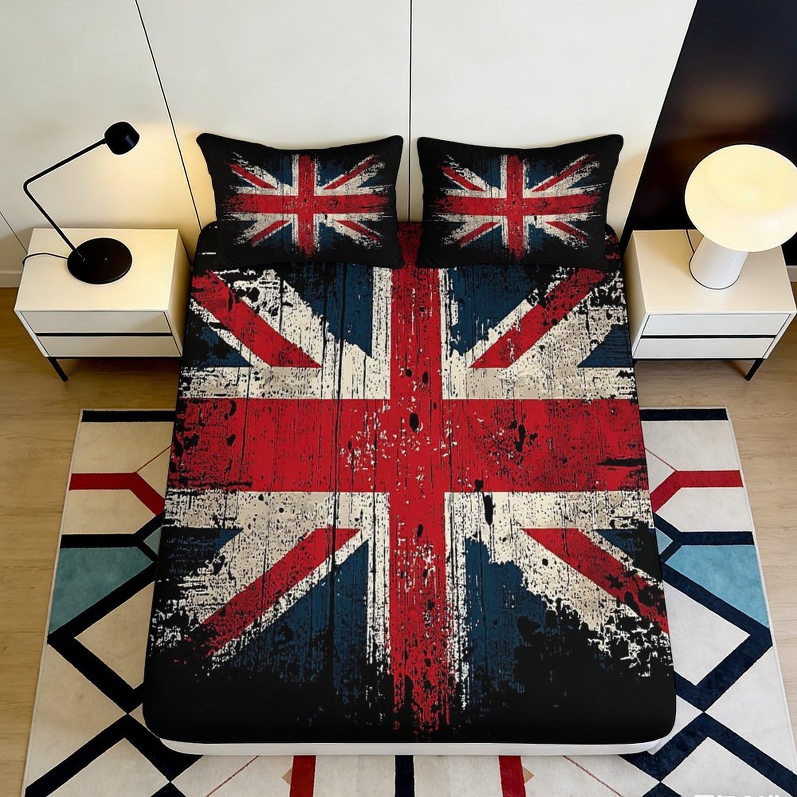 3D Printed Union Jack Flag Fitted Sheet Microfiber Soft Breathable Vintage British Bed Cover for Bedroom Dorm Decor 140x200x25cm