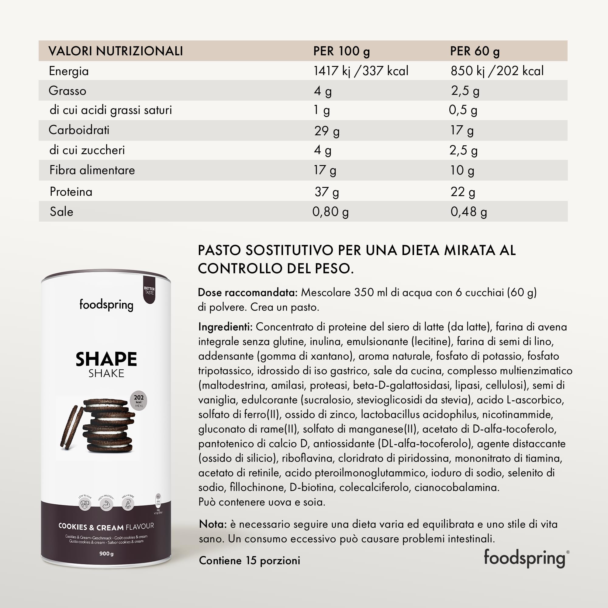 foodspring Shape Shake Cookies & Cream - Sostituto pasto completo per il controllo del peso con proteine di prima qualità, 202 kcal per porzione, senza glutine - nuova formula (900g)