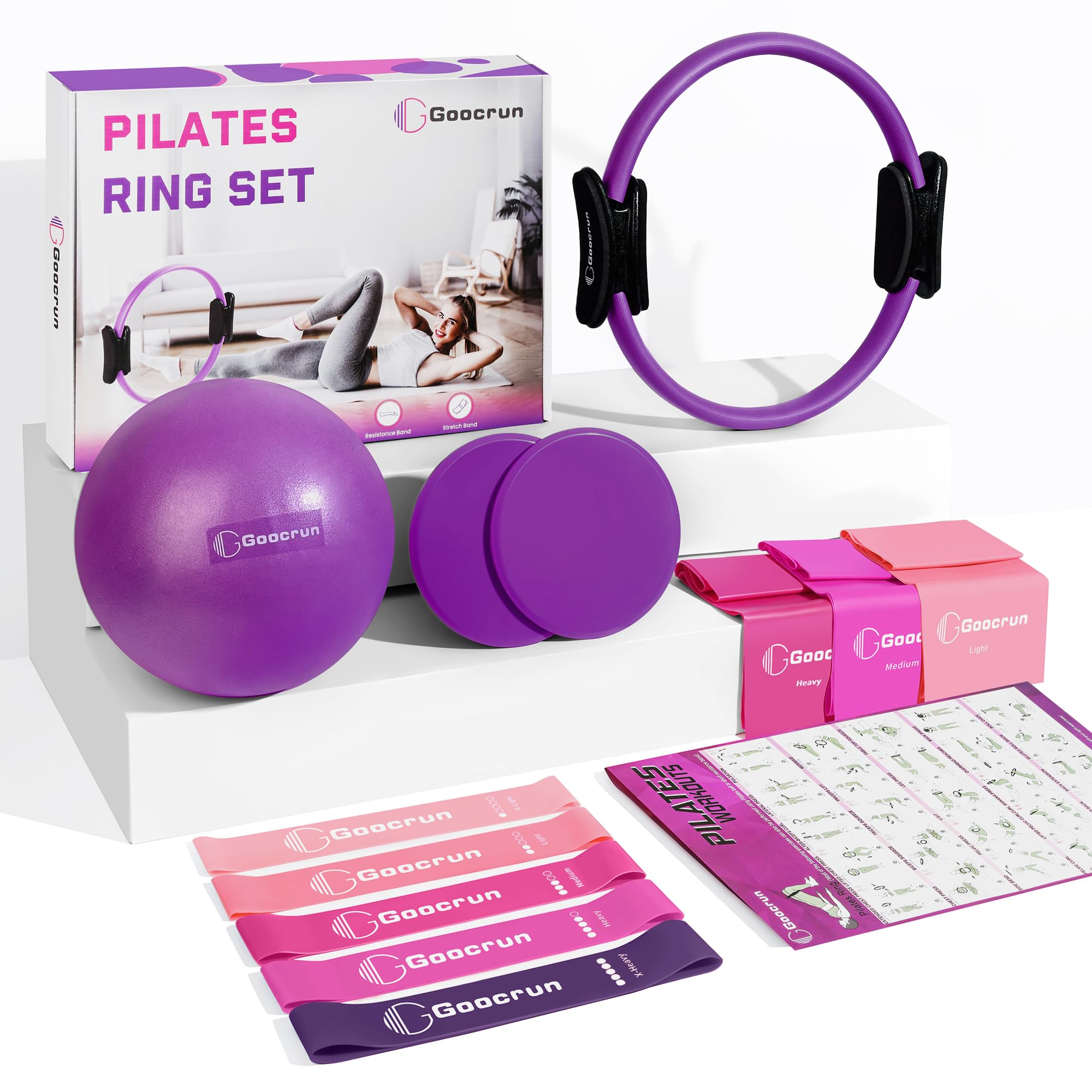 Goocrun Pilates Ring Set with Resistance Bands Set, Pilates Ball, Sliding Disks – Workout Equipment Home Gym Includes Complete Fitness Poster